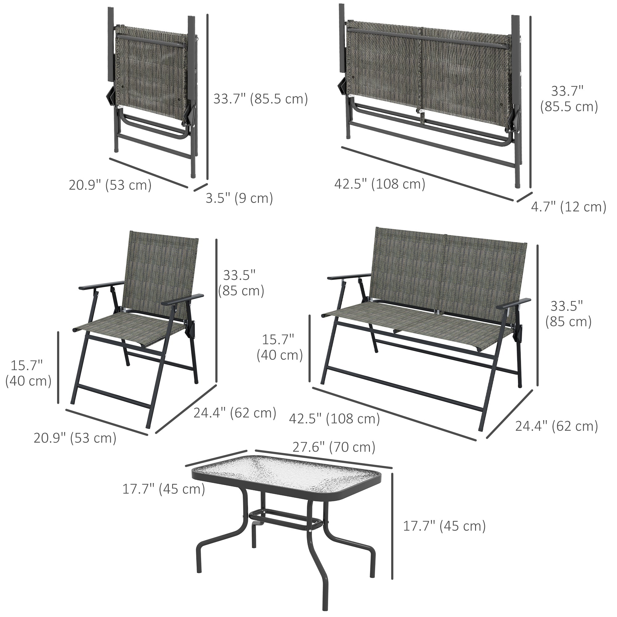 Outsunny Outdoor 4 Pieces Patio Furniture Set, Garden Set with Two Foldable Armchairs, a Loveseat & Glass Top Table, Mixed Brown