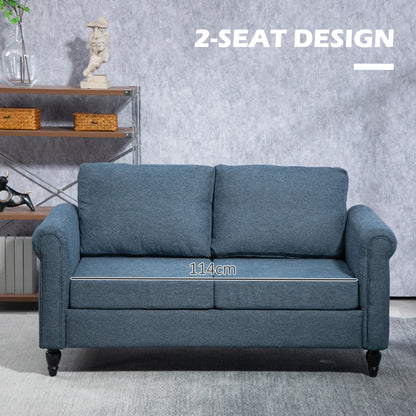 HOMCOM Vintage Loveseat, Upholstered Love Seat Furniture, Fabric 2 Seater Sofa with Rolled Arms, Rubber Wood Legs, Dark Blue