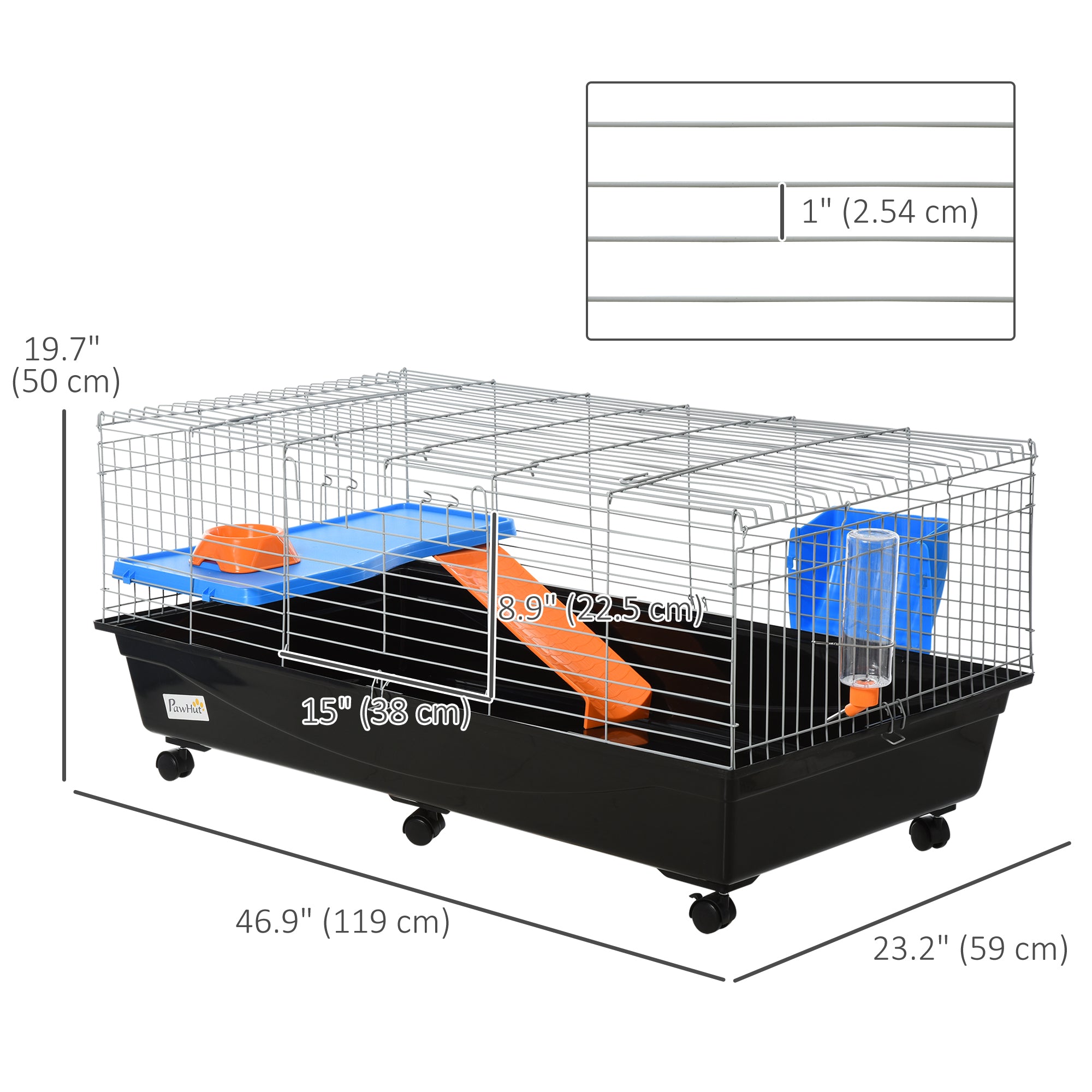 PawHut 47" Small Animal Cage, Rolling Guinea Pig Cage with Food Dish, Water Bottle, Hay Feeder, Platform, Ramp, Black