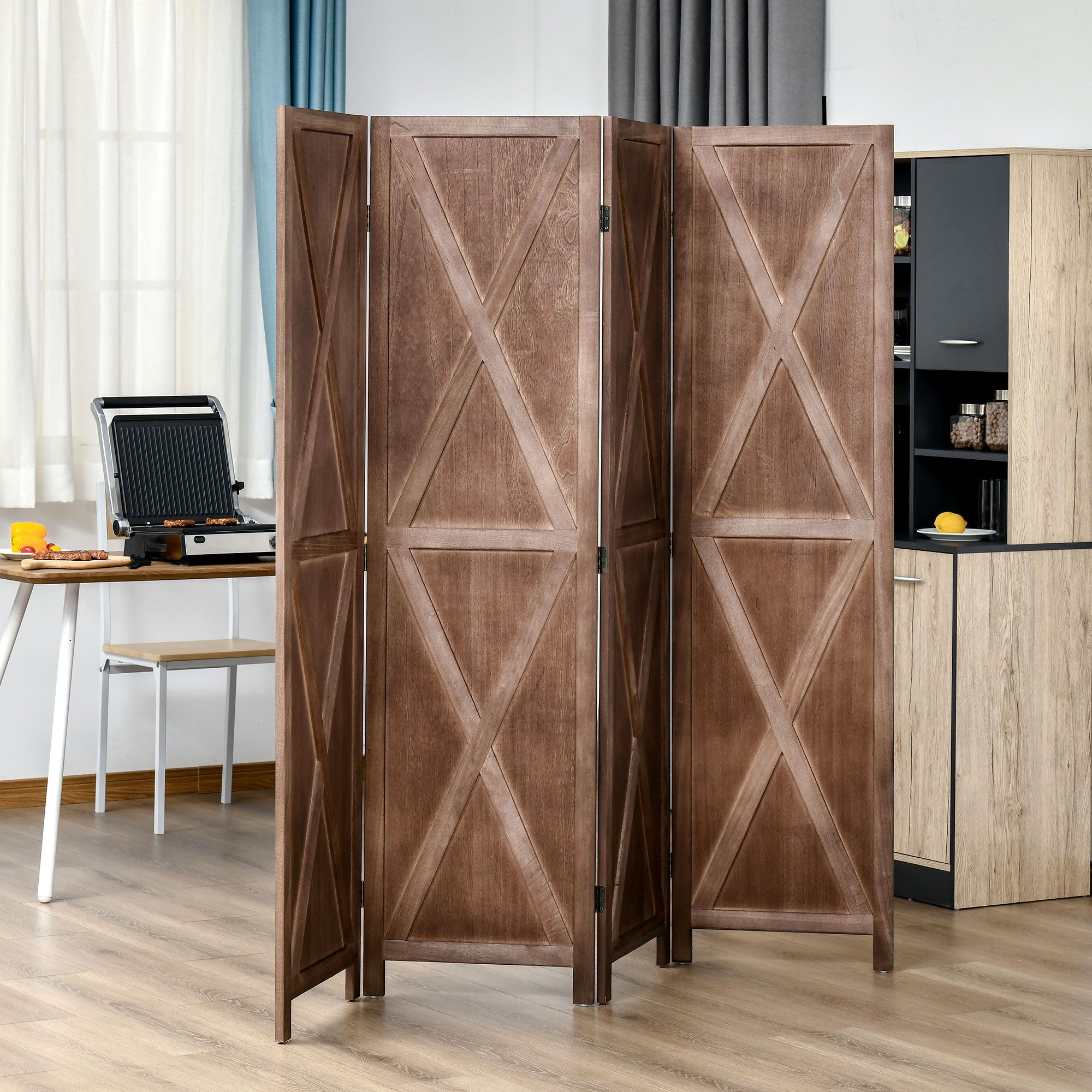 HOMCOM 4-panel Wall Partition Farmhouse Room Separator with Foldable Design Wooden Frame 5.6FT, Walnut