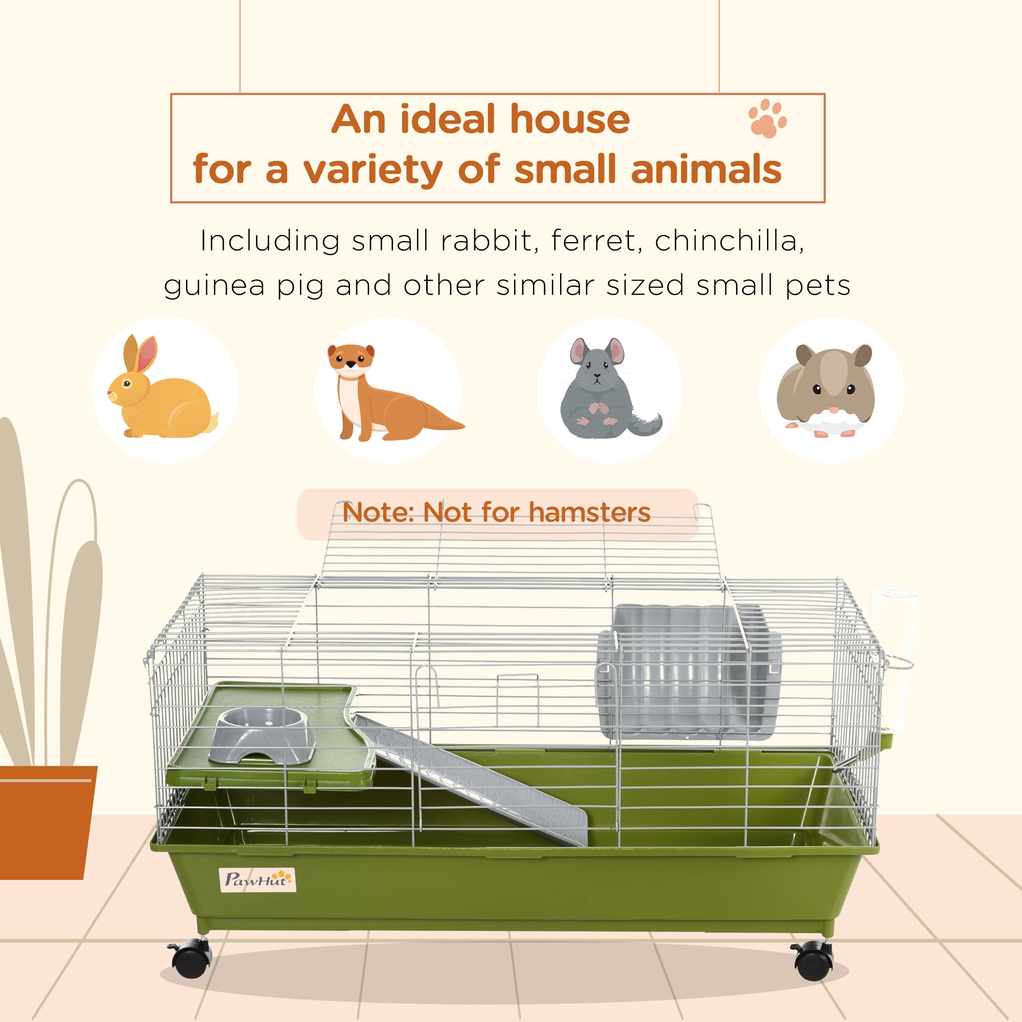 PawHut Small Animal Cage, Rolling Bunny Cage, Guinea Pig Cage with Food Dish, Water Bottle, Hay Feeder, Platform, Ramp, Green