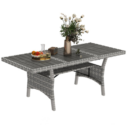 Outsunny 75" Outdoor Dining Table for 6-8, Wicker Patio Table with Storage Shelf and WPC Slatted Top for Balcony, Grey