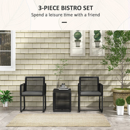 Outsunny 3 Pieces Patio Furniture Outdoor PE Rattan Bistro Set w/ Seat Cushions Tempered Glass Table for Garden Backyard, Black