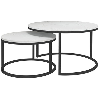 HOMCOM Modern Coffee Table Set of 2, Nesting Side Tables w/ Metal Base for Living Room Bedroom Office Faux Marbled White