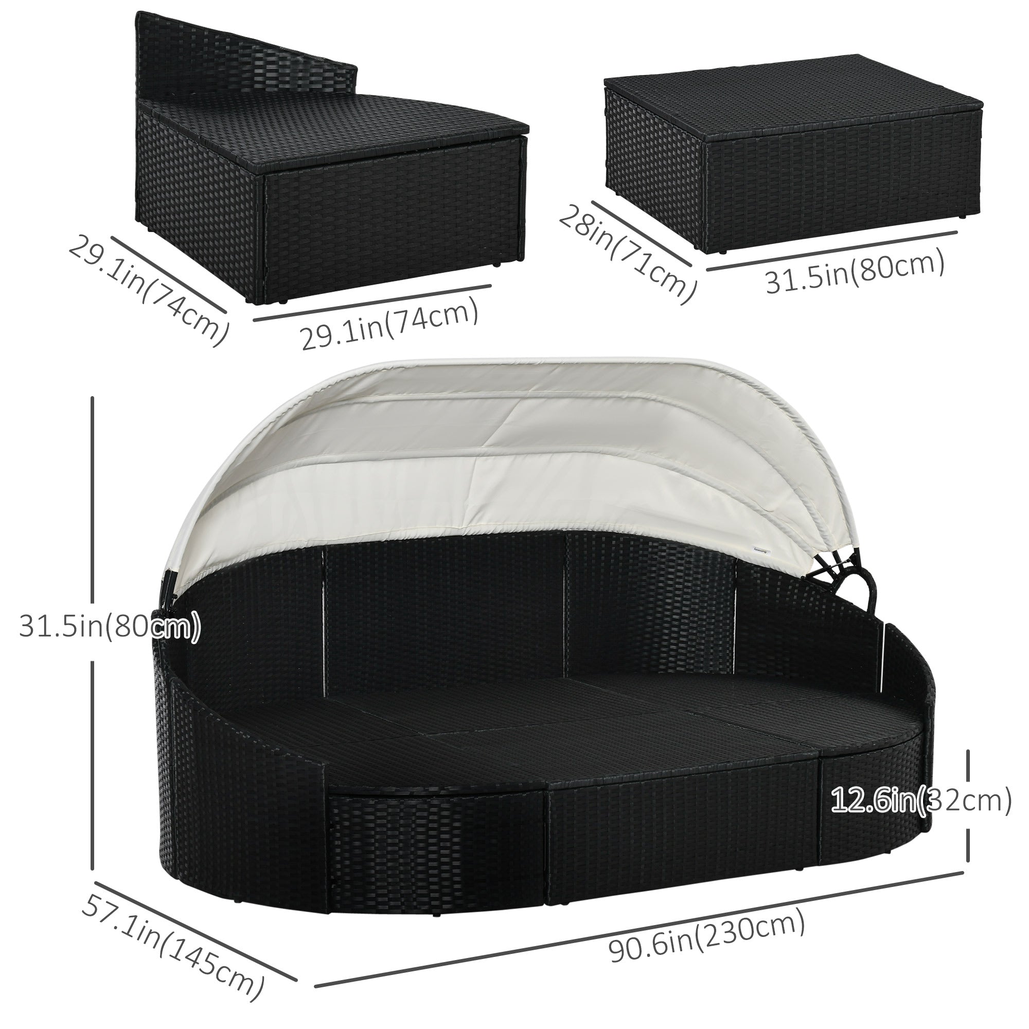 Outsunny 4 Pieces Patio PE Wicker Round Daybed, Outdoor Rattan Garden Lounge Furniture Sets, Cream