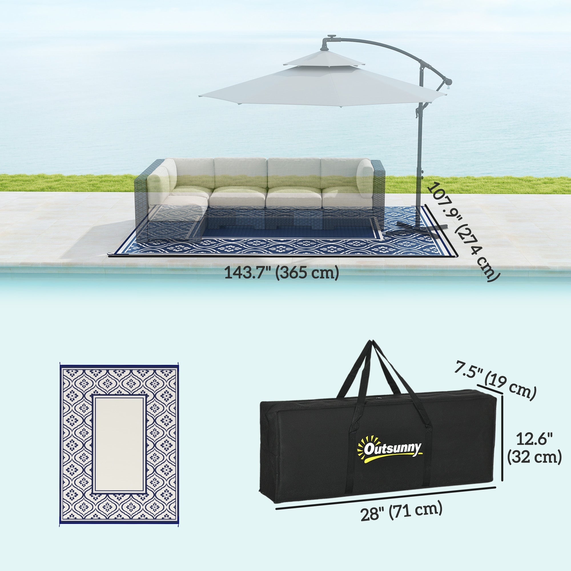Outsunny 9' x 12' Outdoor RV Rug, Reversible Patio Floor Mat with Carry Bag, Gourd Border, Blue and White