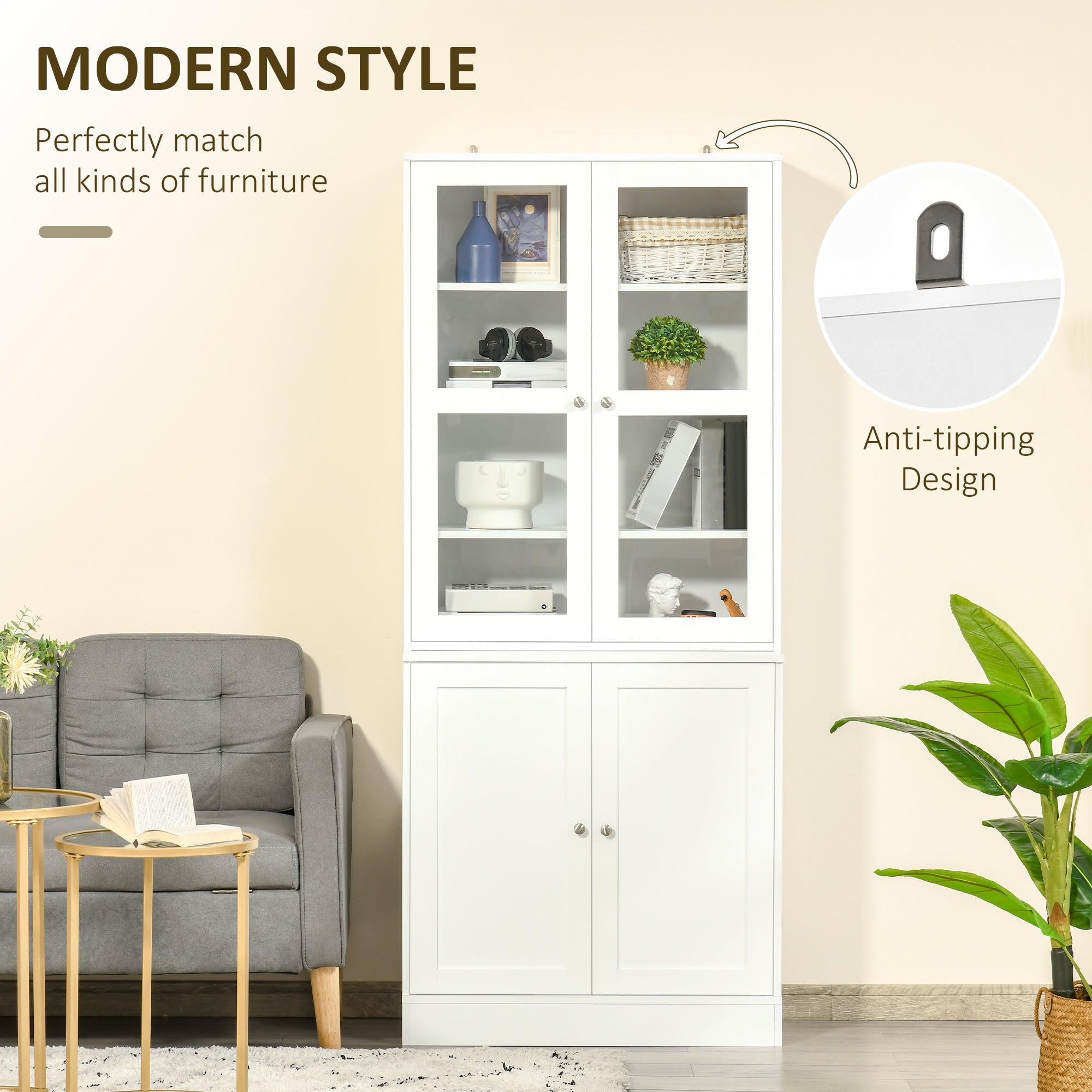 HOMCOM Bookcase Storage Cabinet with Doors, Modern Tall Bookshelf with 2 Adjustable Shelves, Display Unit for Study, Living Room, Home Office, White
