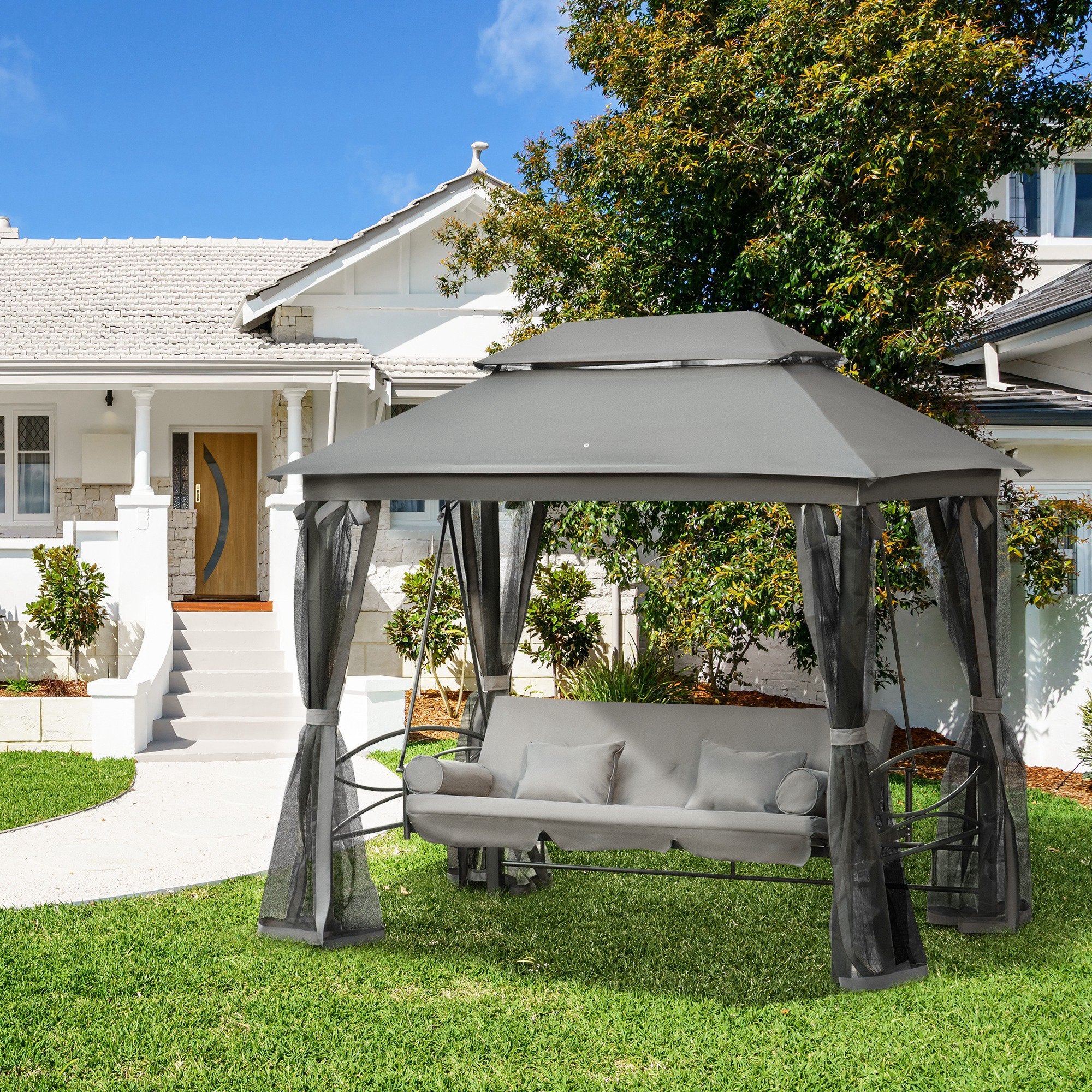 Outsunny 3 Person Outdoor Patio Daybed, 3 in 1 Canopy Gazebo Swing Chair Garden Hammock with Sun Shade, Mesh Mosquito and Net, Dark Grey