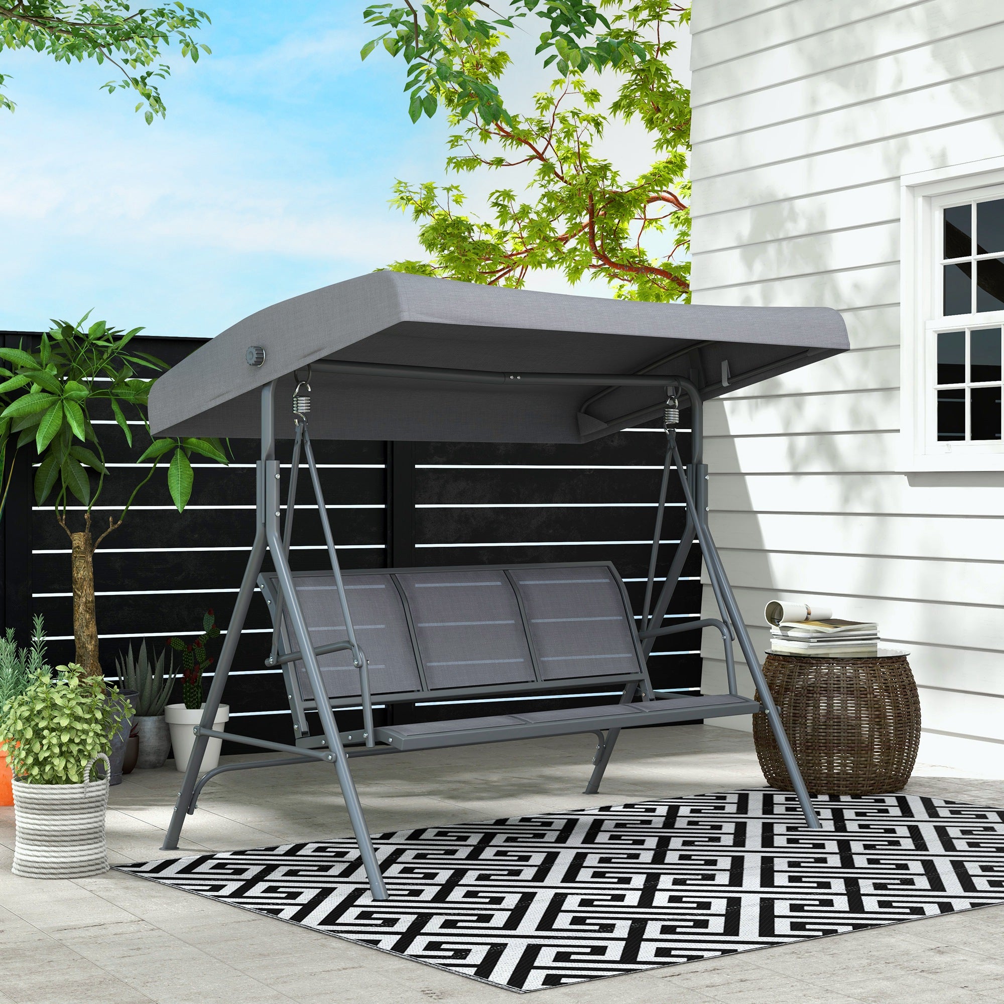 Outsunny 3-Seater Swing Chair Covered Garden Hammock A-Frame Outdoor Porch Glider Sling Seat with Adjustable Canopy Cover, Grey