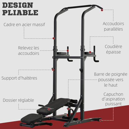 Soozier Foldable Power Tower Pull Up Dip Station with Adjustable Weight Bench for Home Gym Strength Training Fitness
