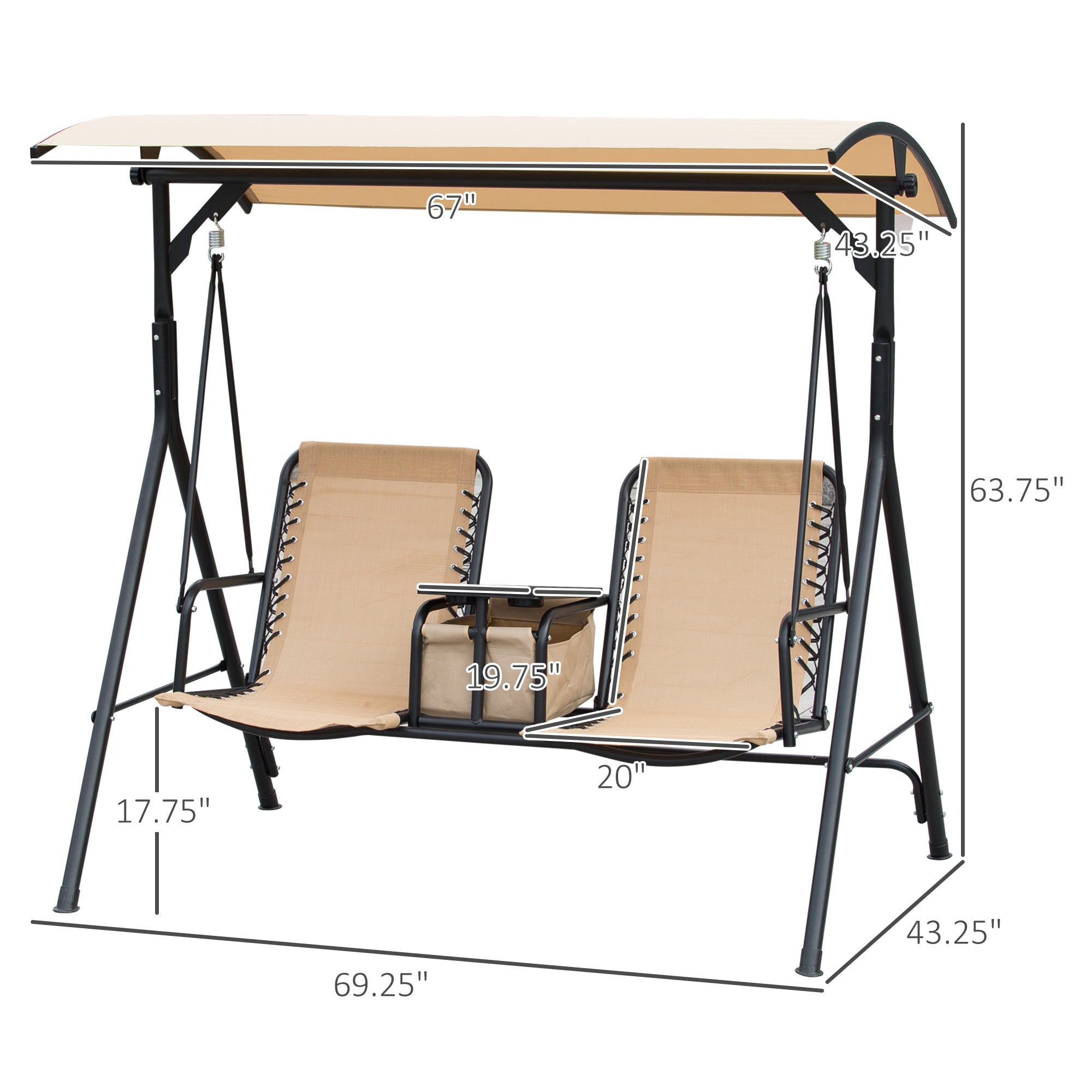 Outsunny 2 Person Covered Porch Swing Patio Swing with Pivot Storage Table, Cup Holder, & Adjustable Overhead Canopy, Beige