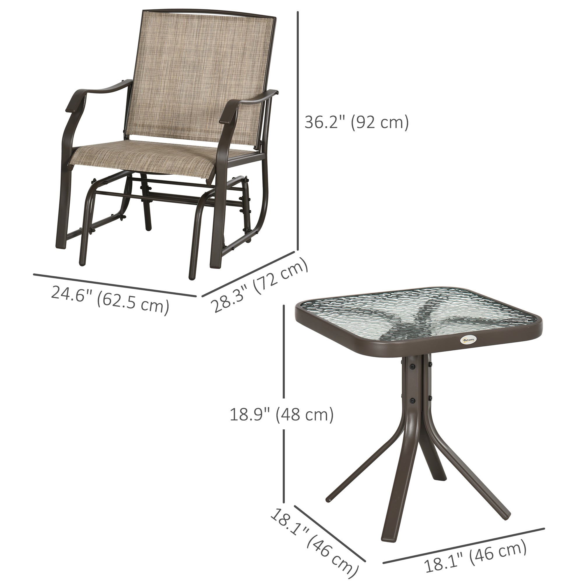 Outsunny 3 Piece Patio Glider Set Outdoor Gliders with Breathable Mesh Seat, Glass Top Table for Garden, Yard, Mixed Brown