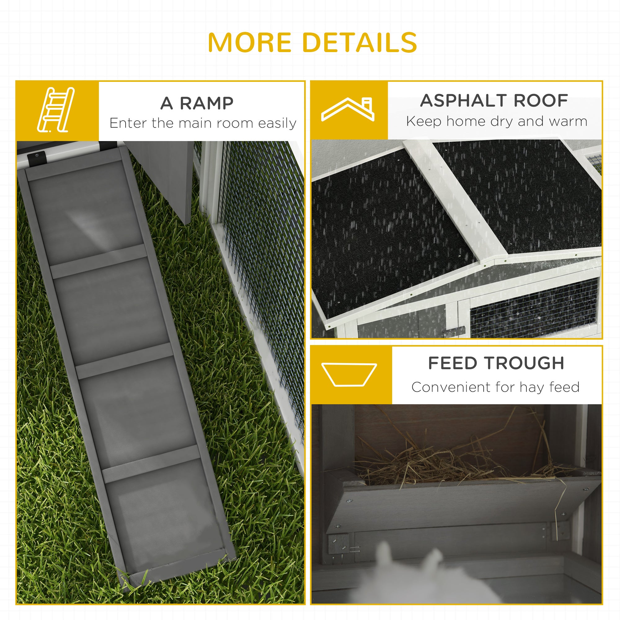 PawHut Wooden Rabbit Hutch Guinea Pig House with Removable Tray, Openable Roof, Trough, Run for Tortoises and Ferrets, Grey