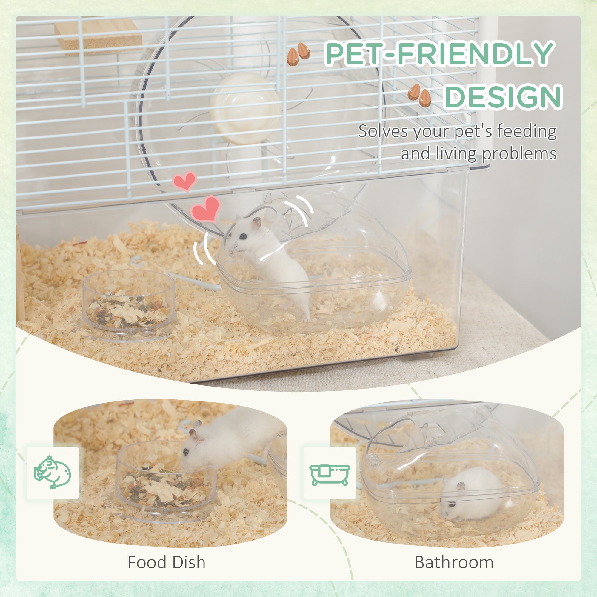 PawHut Hamster Cage with Deep Bottom, Wooden Ramp, Hut, Bathroom and Exercise Wheel for Hamster and Gerbil, White