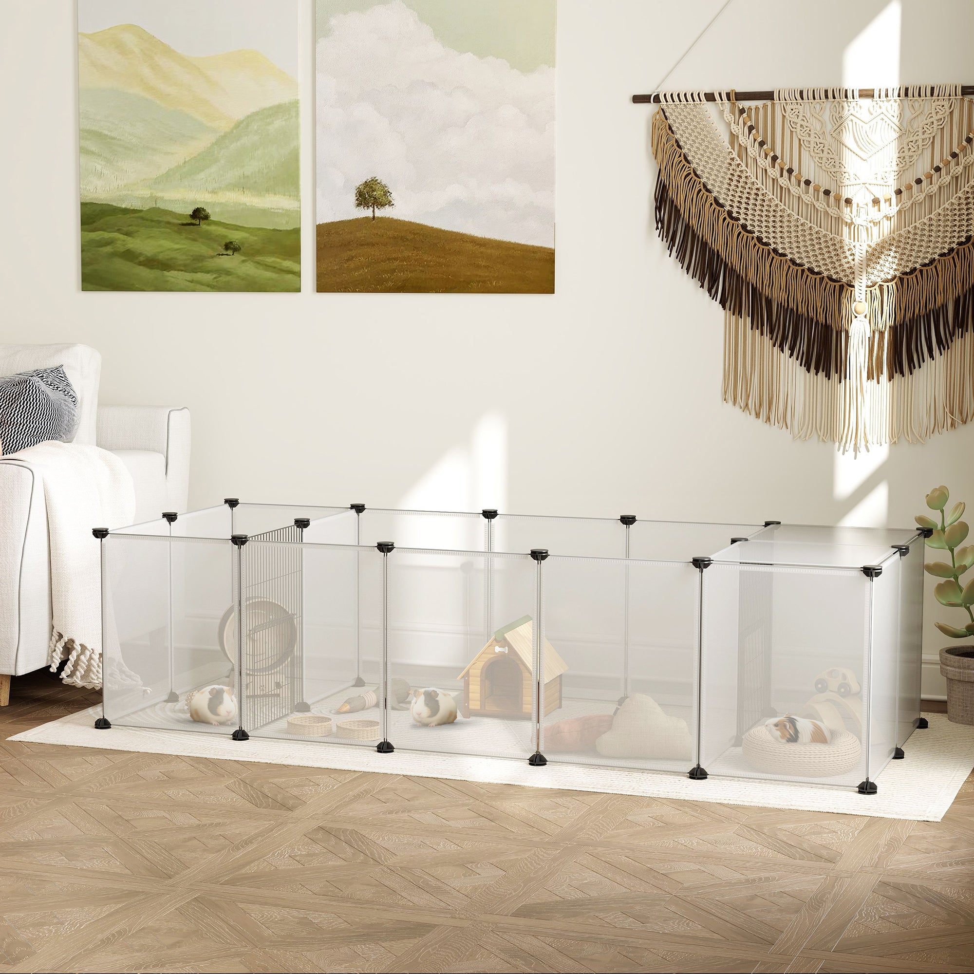 PawHut 20 Panels DIY Small Animal Cage with Door, Top Cover, Indoor Yard Fence for Guinea Pig, Hedgehog, Bunny, White