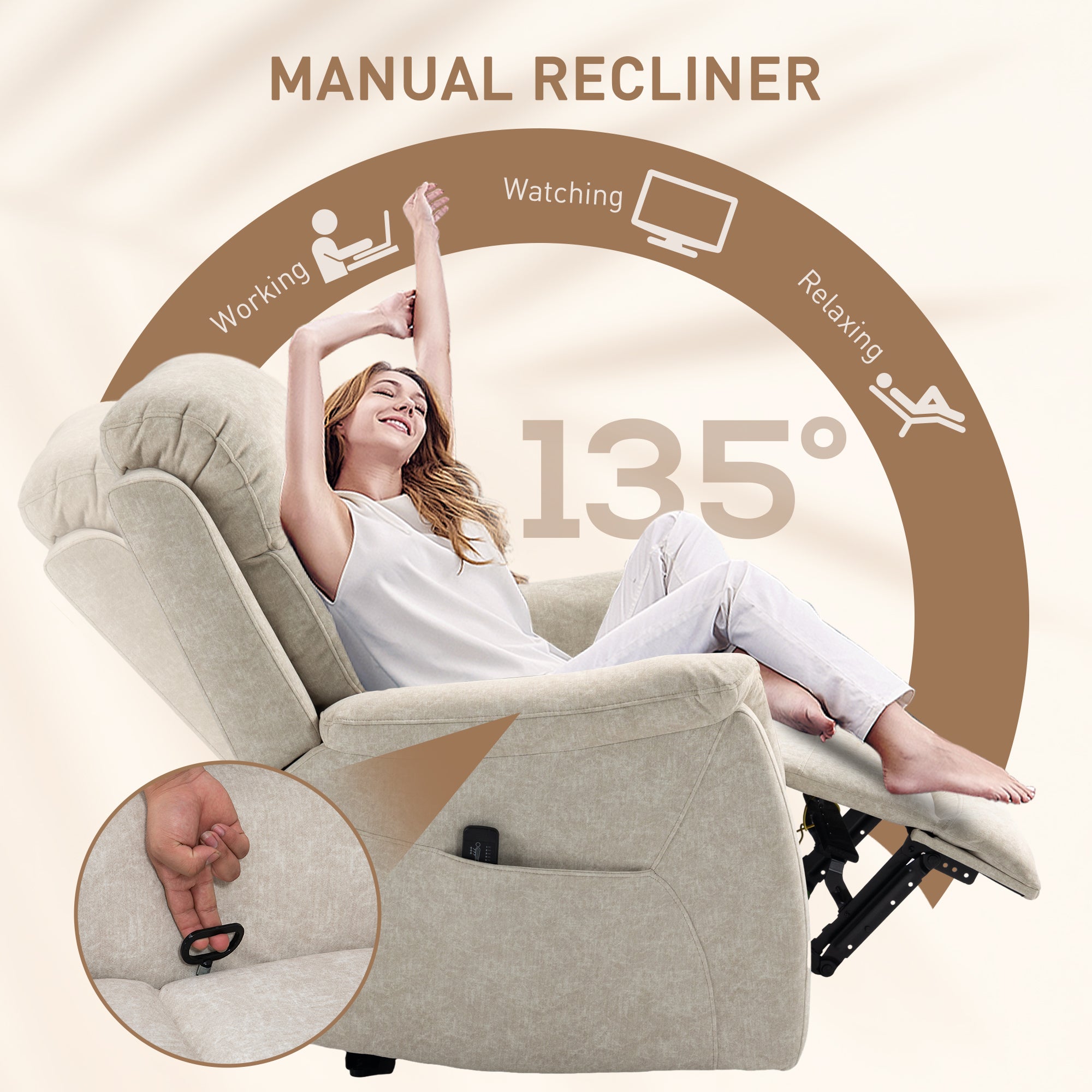 HOMCOM Manual Recliner Chair with Vibration Massage, Reclining Chair for Living Room with Side Pockets, Beige