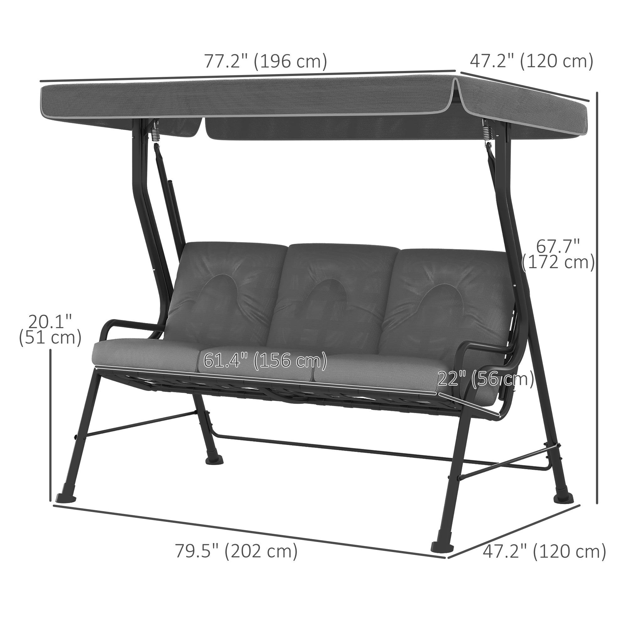 Outsunny 3-Person Patio Swing Chair with Canopy 3 Seater Porch Swing for Garden, Backyard, Poolside, Light Grey