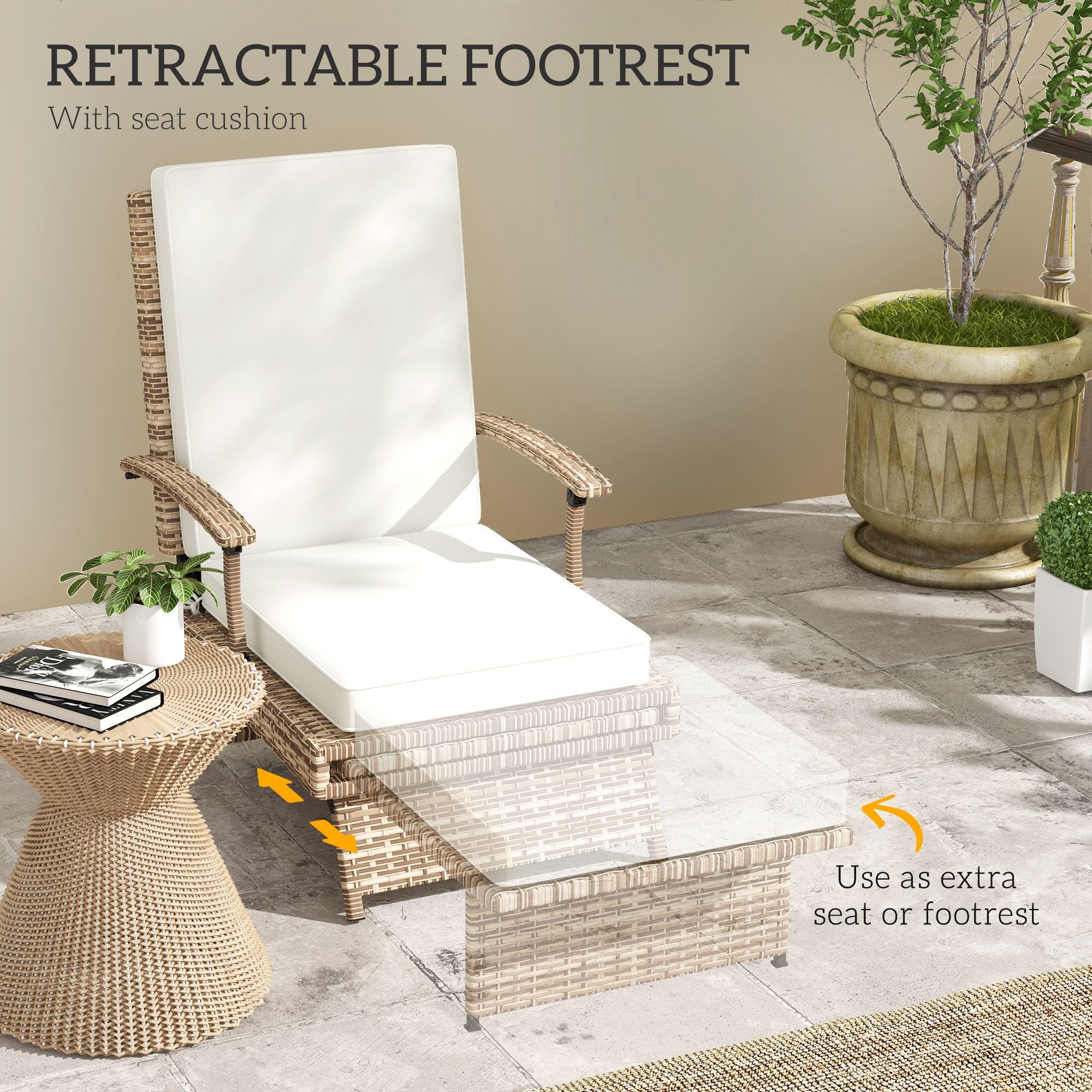 Outsunny Outdoor Wicker Foldable Recliner Chair with Retractable Footrest, Cushion, White
