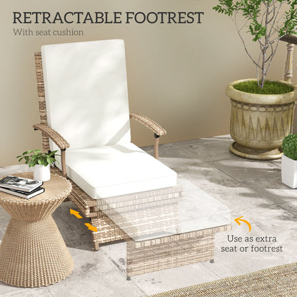 Outsunny Outdoor Wicker Foldable Recliner Chair with Retractable Footrest, Cushion, White