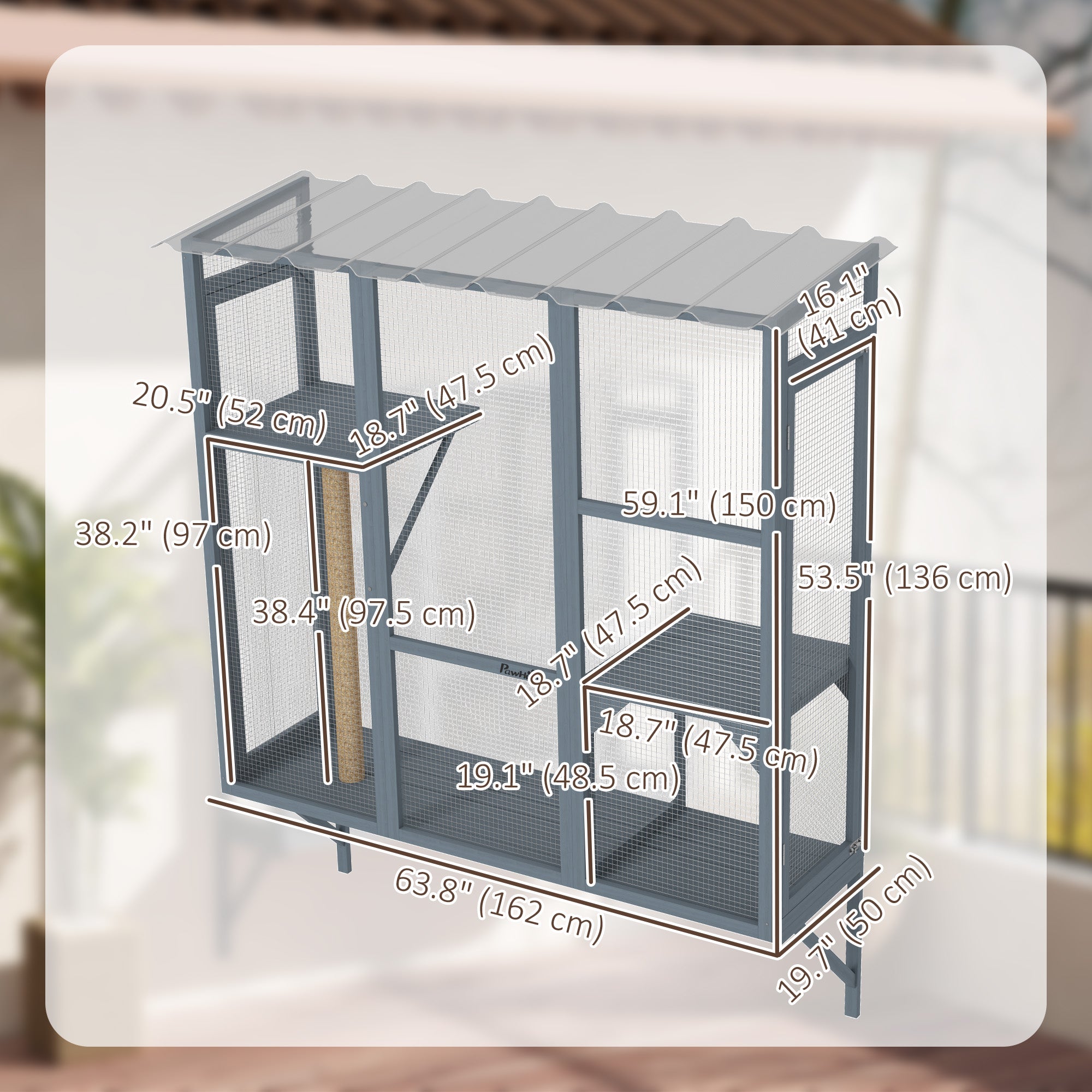 PawHut Wooden Catio Outdoor, Cat Window Box Enclosure for 2-3 Large Cats with 2 Jumping Platforms & Scratching Post, Grey