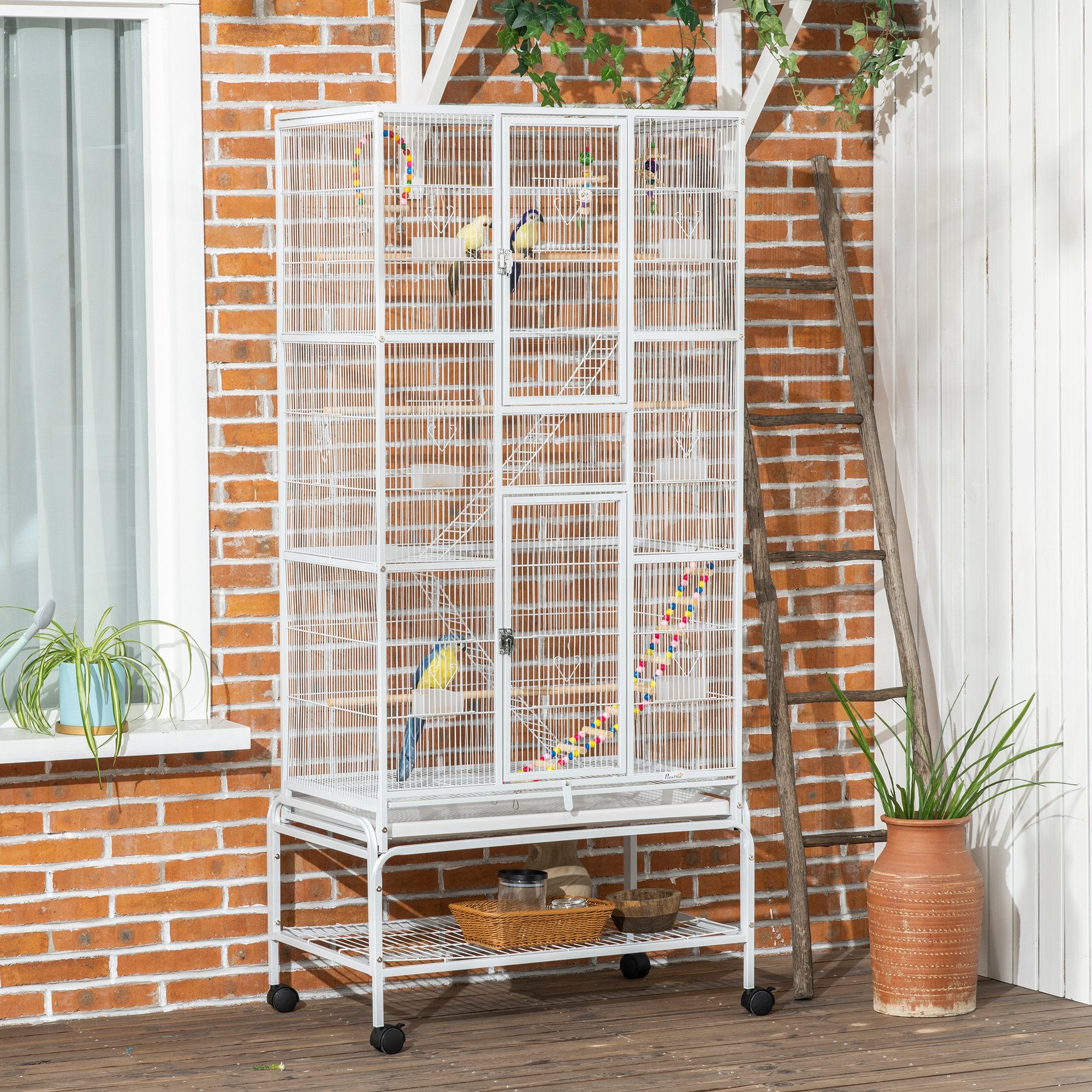 PawHut 71" Bird Cage with Wheels Perches, Ramp, Storage Shelf, Toys for Canaries, Finches, Cockatiels, Parakeets, White