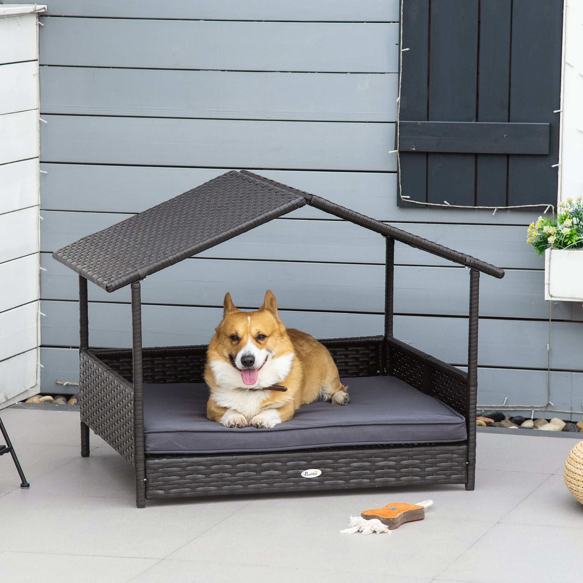 PawHut Wicker Pet House Dog Bed for Indoor/Outdoor Rattan Furniture with Cushion