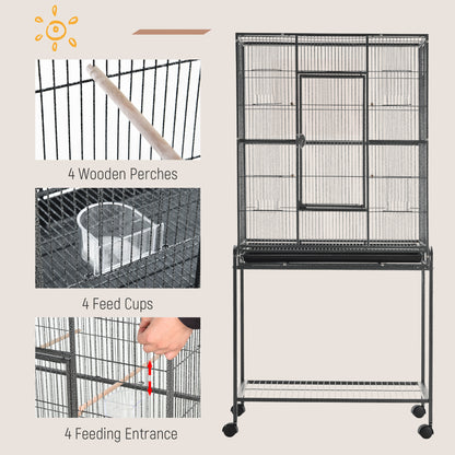 PawHut 30'' Large Rolling Metal Bird Cage Bird House with Detachable Rolling Stand, Storage Shelf, Wood Perch Food Container - Black