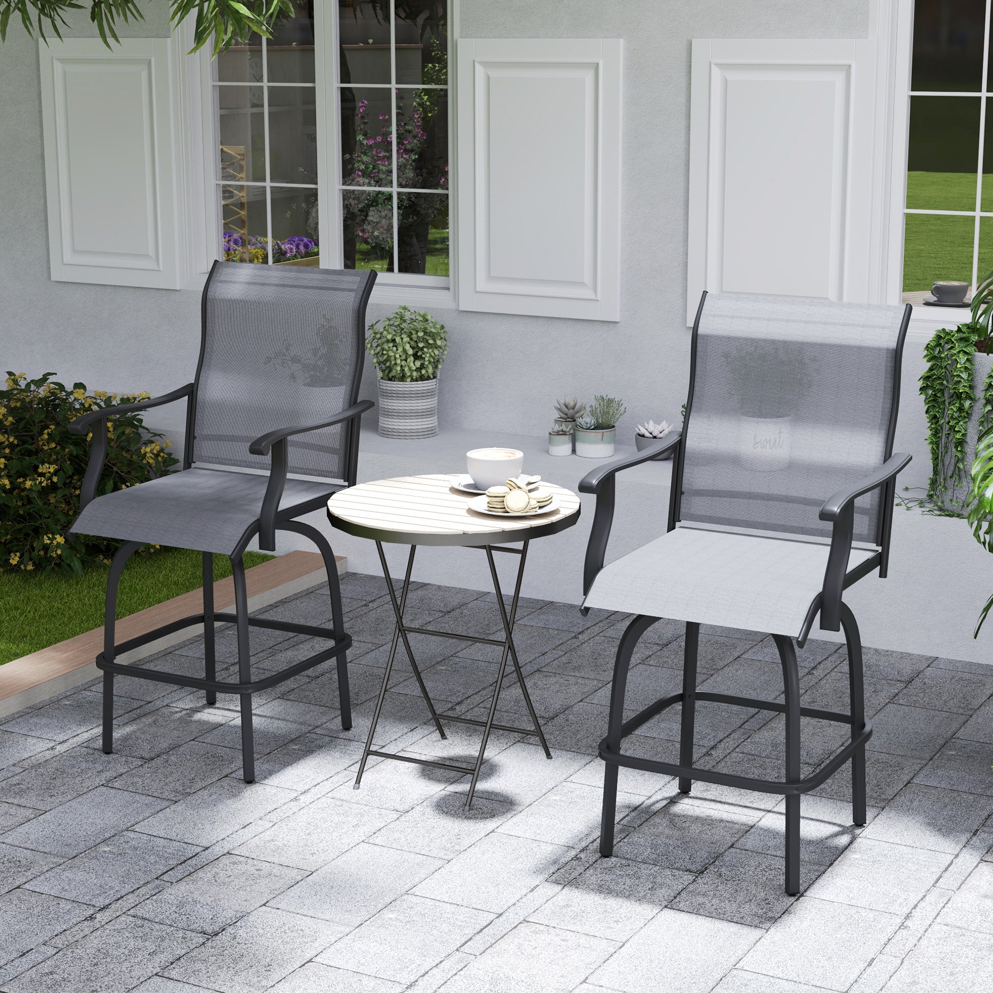 Outsunny Outdoor Bar Stools Set of 2, Swivel Bar Height Chairs with High Back, Curved Armrests and Steel Frame, Light Grey
