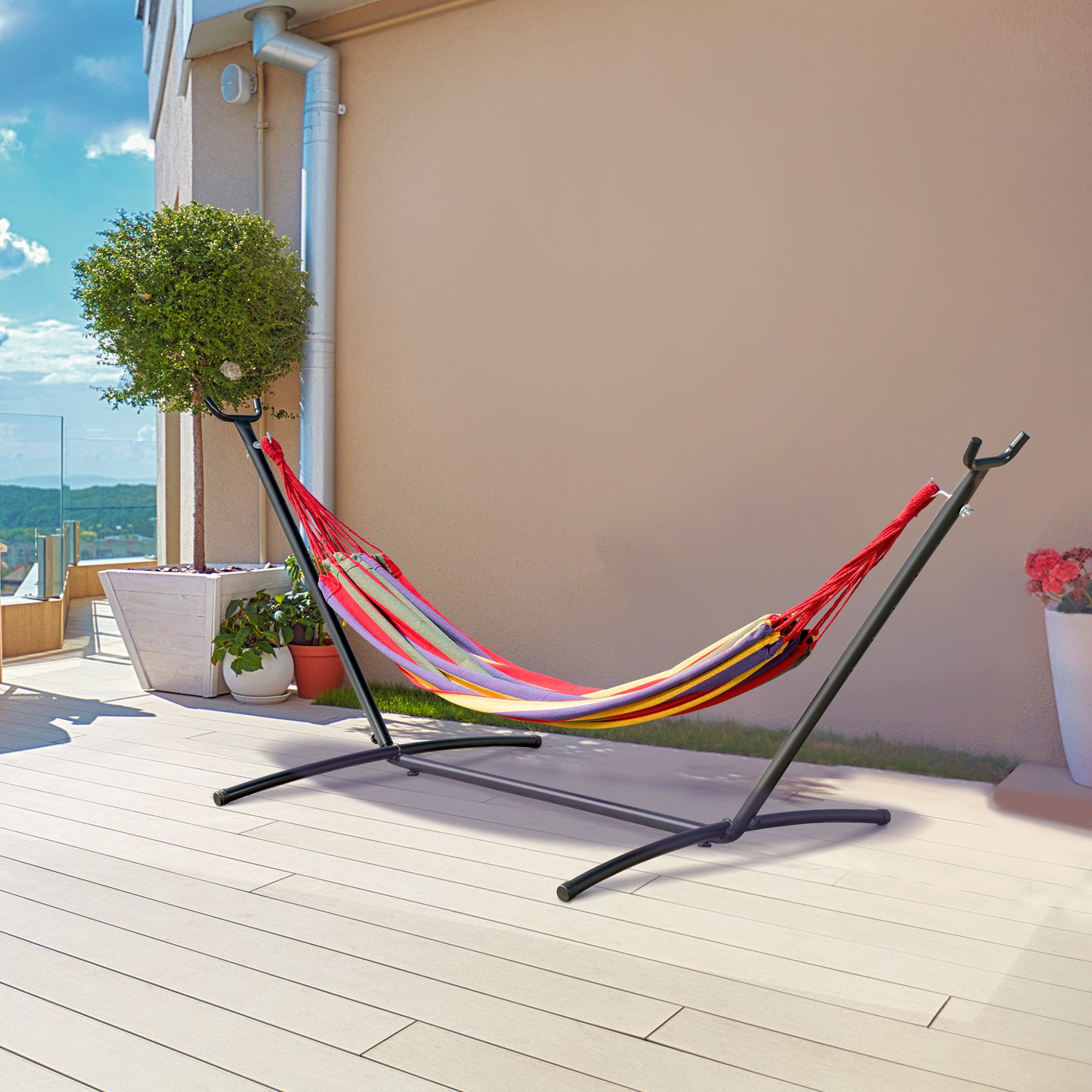 Outsunny Patio Hammock with Stand, Fabric Outdoor Hammock Bed with Stand, Free Standing Adjustable Lounge Chair Includes Portable Carrying Case for Outdoor or Indoor