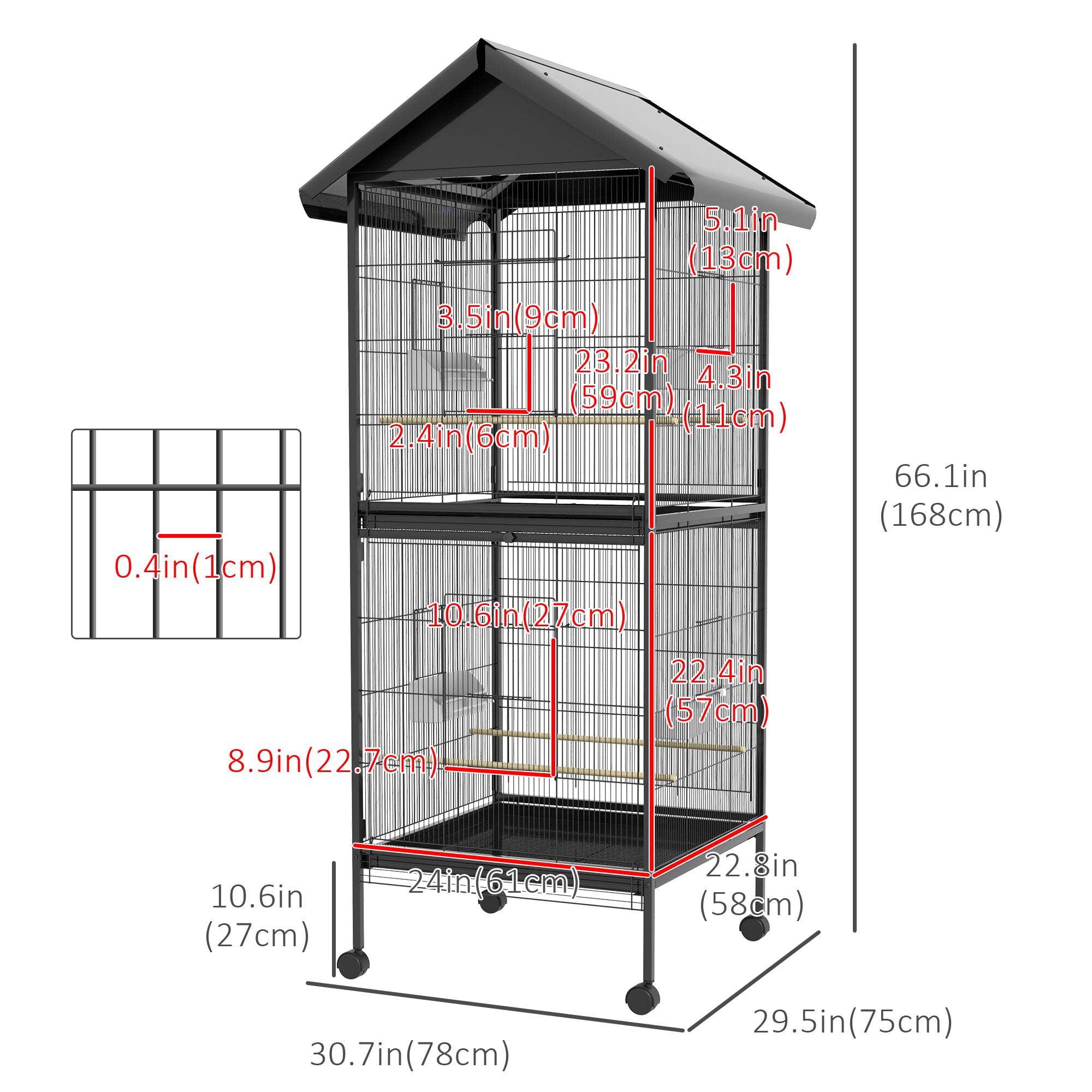 PawHut Wrought Metal Bird Cage Feeder with Rolling Stand Perches Food Containers Doors Wheels 67" H, Black