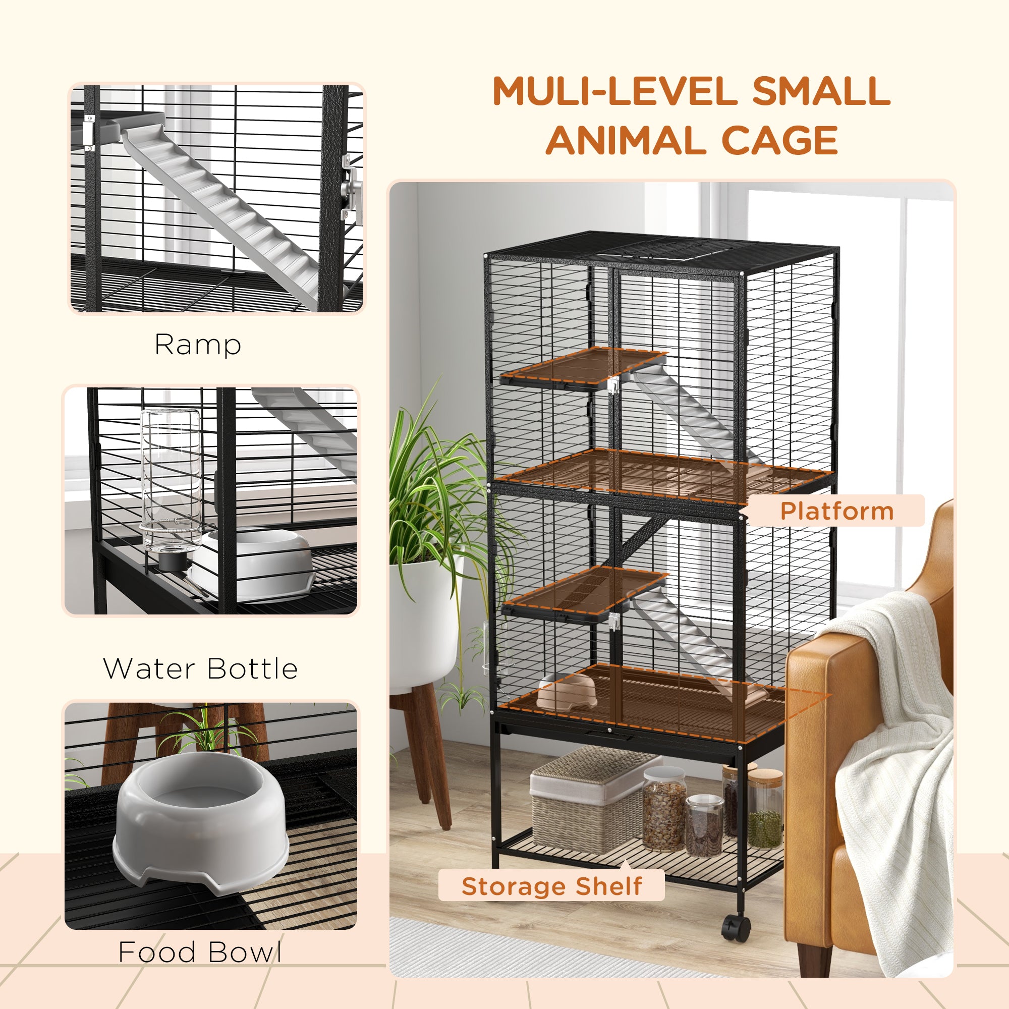 PawHut Rolling Small Animal Cage 53.5"H Chinchilla Cage for Ferrets, Squirrels w/ Removable Tray, Storage Shelf, Black