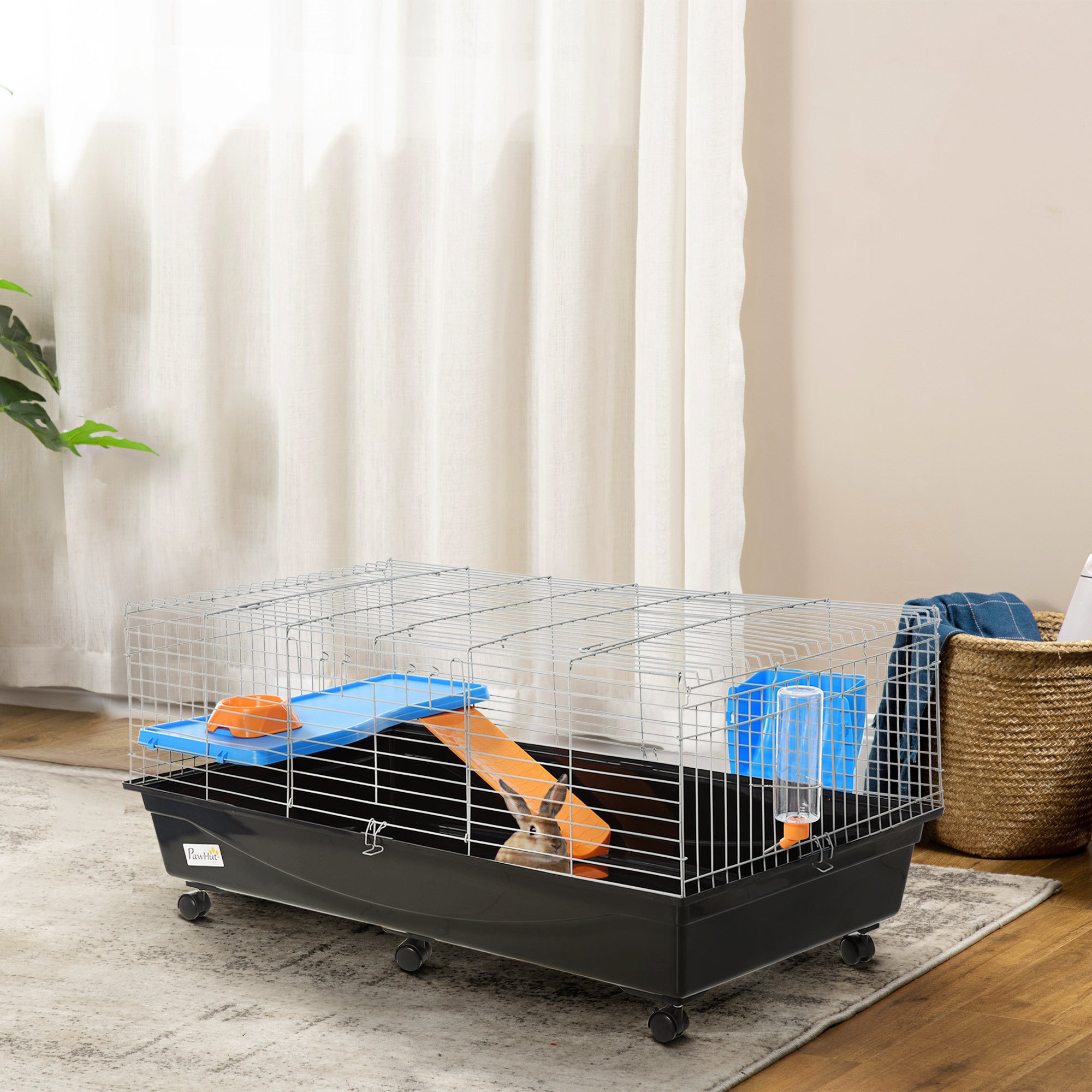 PawHut 47" Small Animal Cage, Rolling Guinea Pig Cage with Food Dish, Water Bottle, Hay Feeder, Platform, Ramp, Black