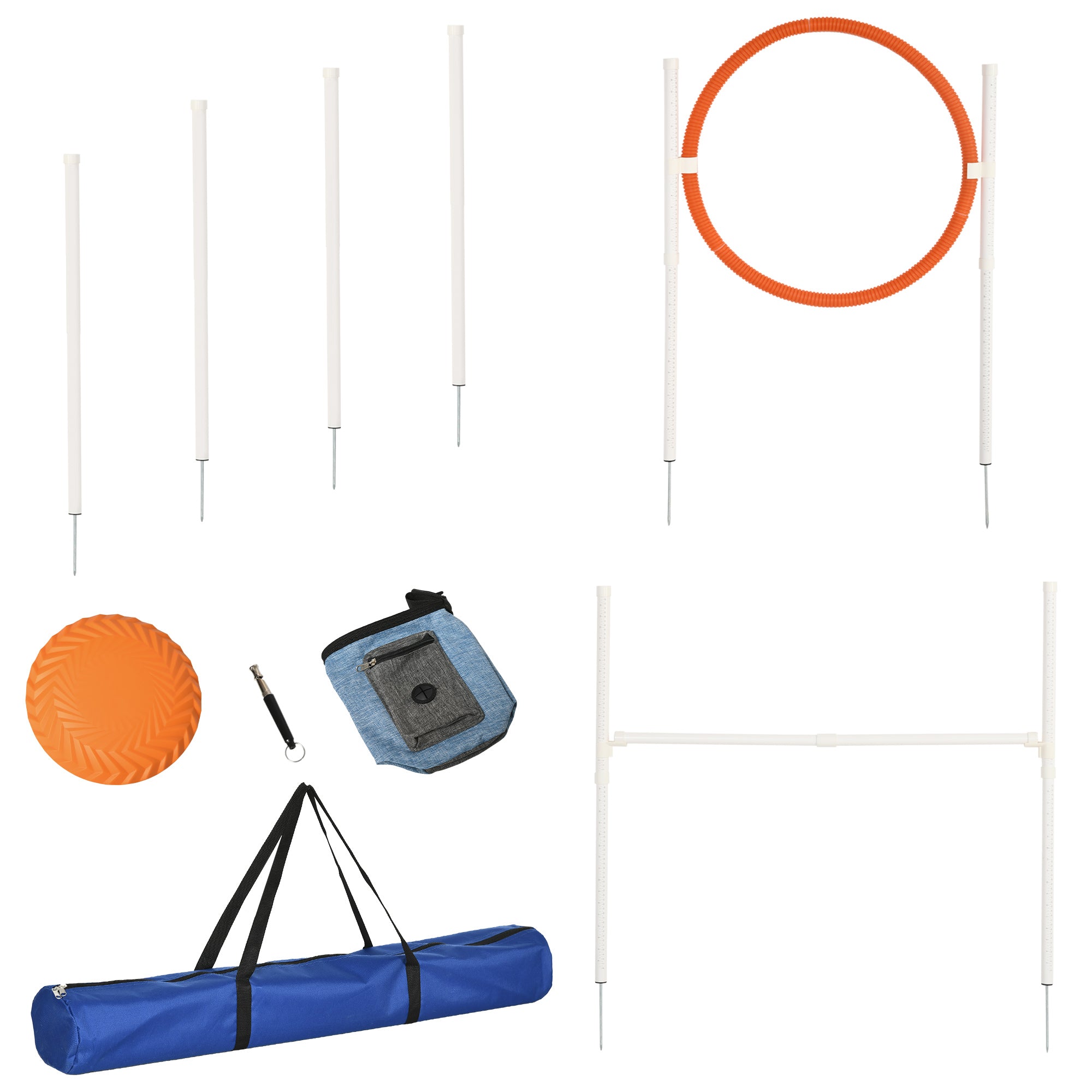 PawHut 5 Pieces Dog Agility Training Equipment with Disc, Whistle, Weaves Poles, Adjustable Jumping Poles, Food Bag, Carry Bag