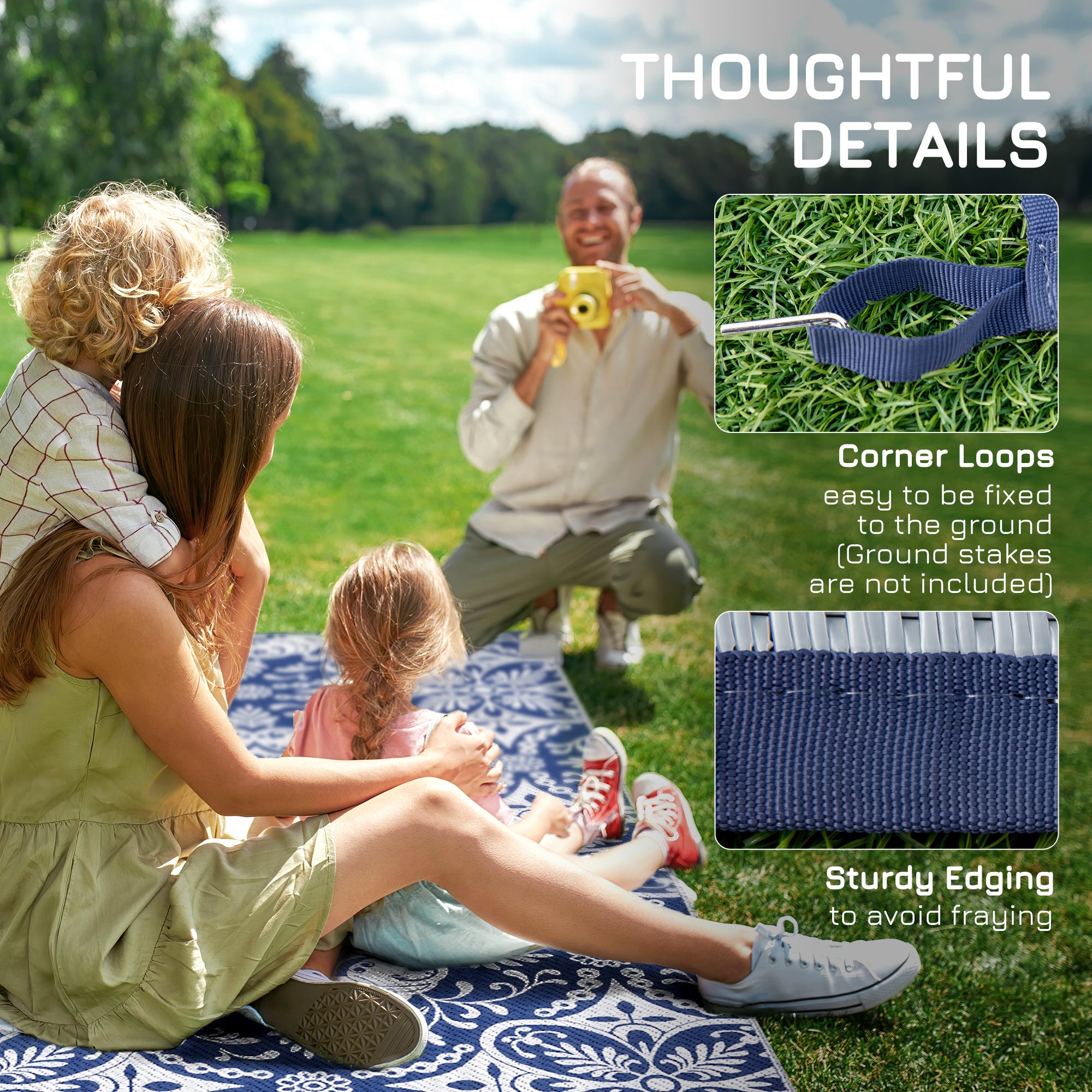 Outsunny Portable Outdoor Rug with Carry Bag, 9' x 18' Reversible Mat, Waterproof Plastic Straw RV Rug for Backyard, Deck, Picnic, Beach, Camping, Blue & White Flower
