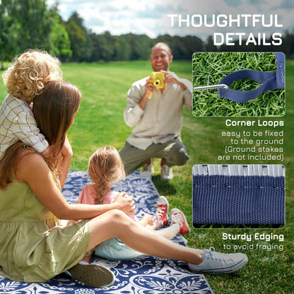Outsunny Portable Outdoor Rug with Carry Bag, 9' x 18' Reversible Mat, Waterproof Plastic Straw RV Rug for Backyard, Deck, Picnic, Beach, Camping, Blue & White Flower