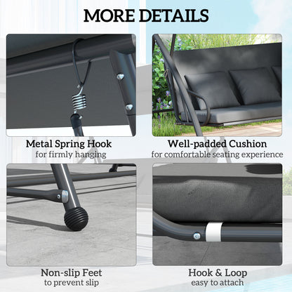 Outsunny Patio Swing Chair, 3 Person Convertible Hammock, Outdoor Swing Lounge Bed, Cushioned with Tilt Canopy, Dark Grey