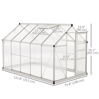 Outsunny 6' x 10' x 6.6' Polycarbonate Greenhouse, Walk-In Green House Kit Garden, Plants Grow, Galvanized Sheet Aluminum Frame with Rain Gutter, Vents and Sliding Door, Sliver