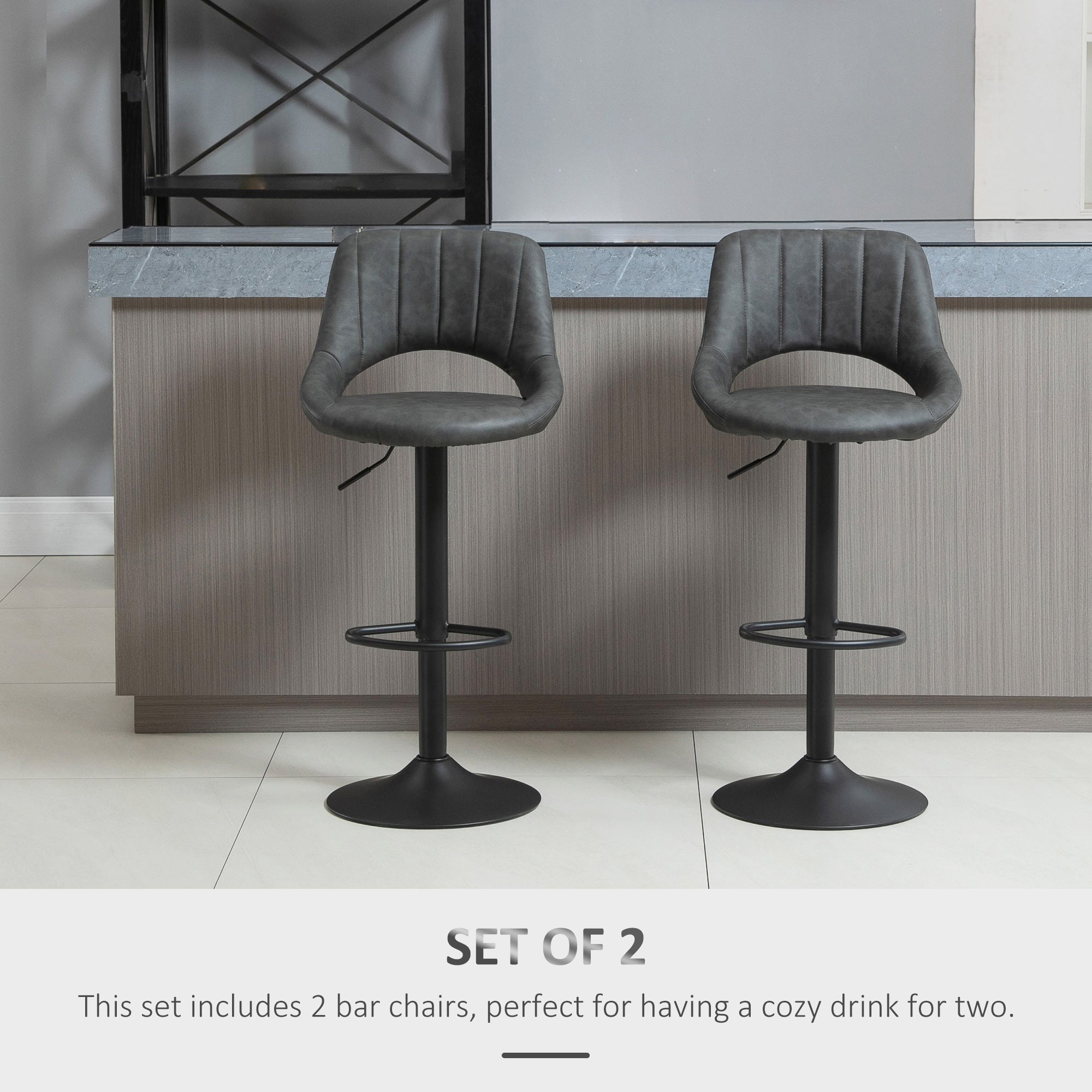 HOMCOM  Set of 2 Adjustable Bar Stools with PU Upholstered Back, Footrest, Round Base for Kitchen, Dining Room, Grey