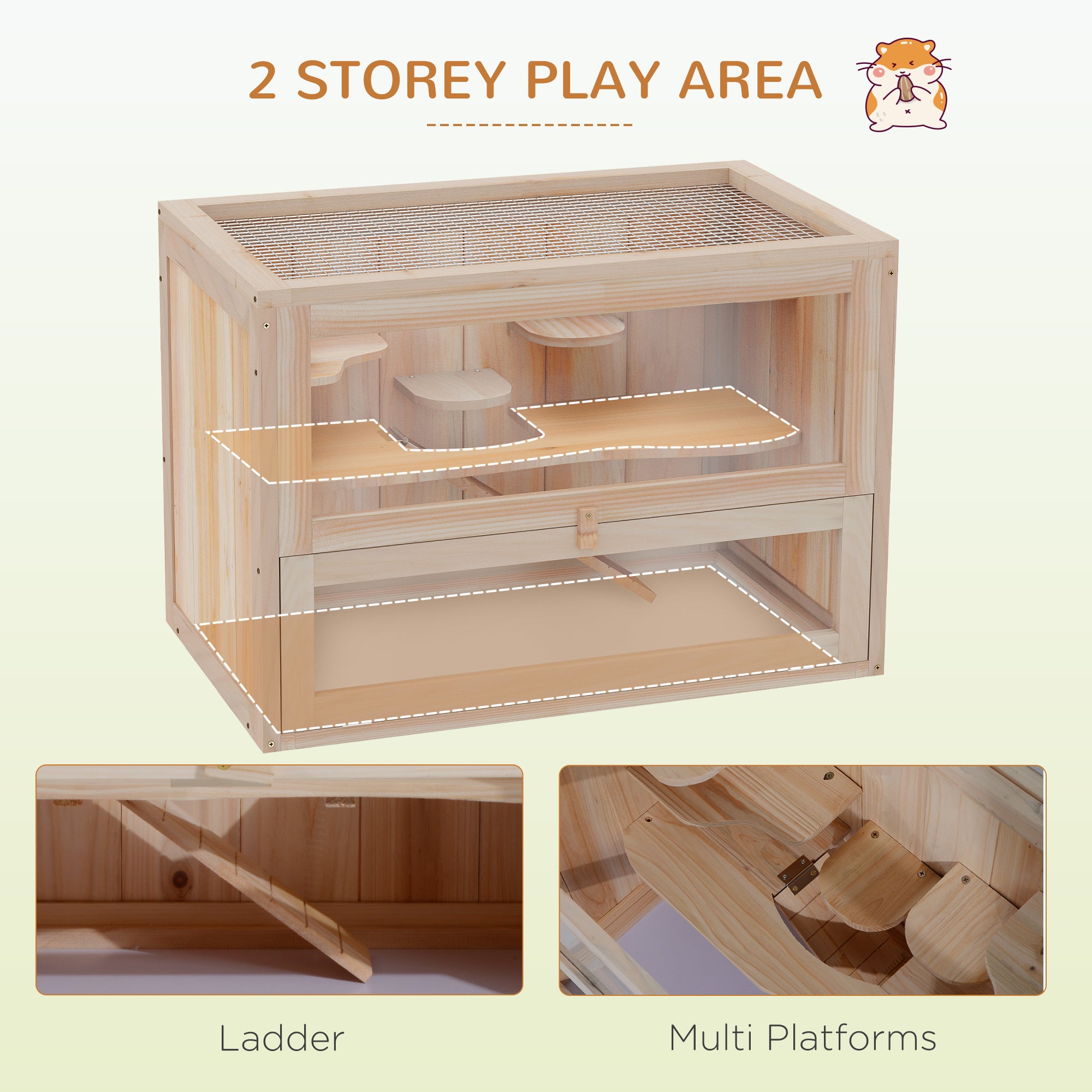 PawHut 24 Inch Hamster Cage, 2 Levels Small Animals Habitat Pet House with Openable Roof, Run Space, Platforms, Natural Wood