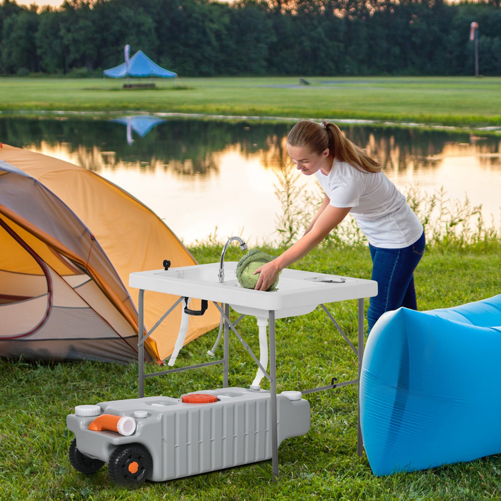 Outsunny 19.8 Gallon Portable RV Water Tank, Waste Water Storage Tank, with Rotating Drain Spout, Level Indicator and 3 Wheels