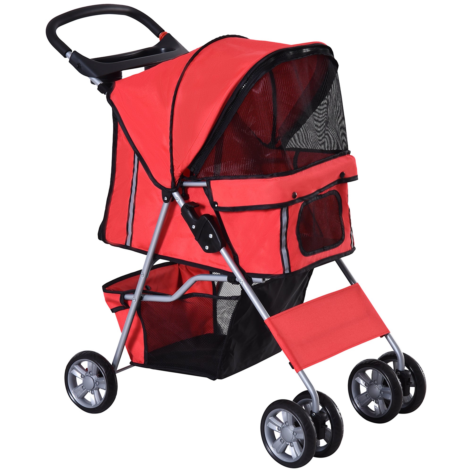 PawHut 4 Wheel Dog Pet Stroller Dog Cat Carrier Folding Sunshade Canopy with Brake, Red