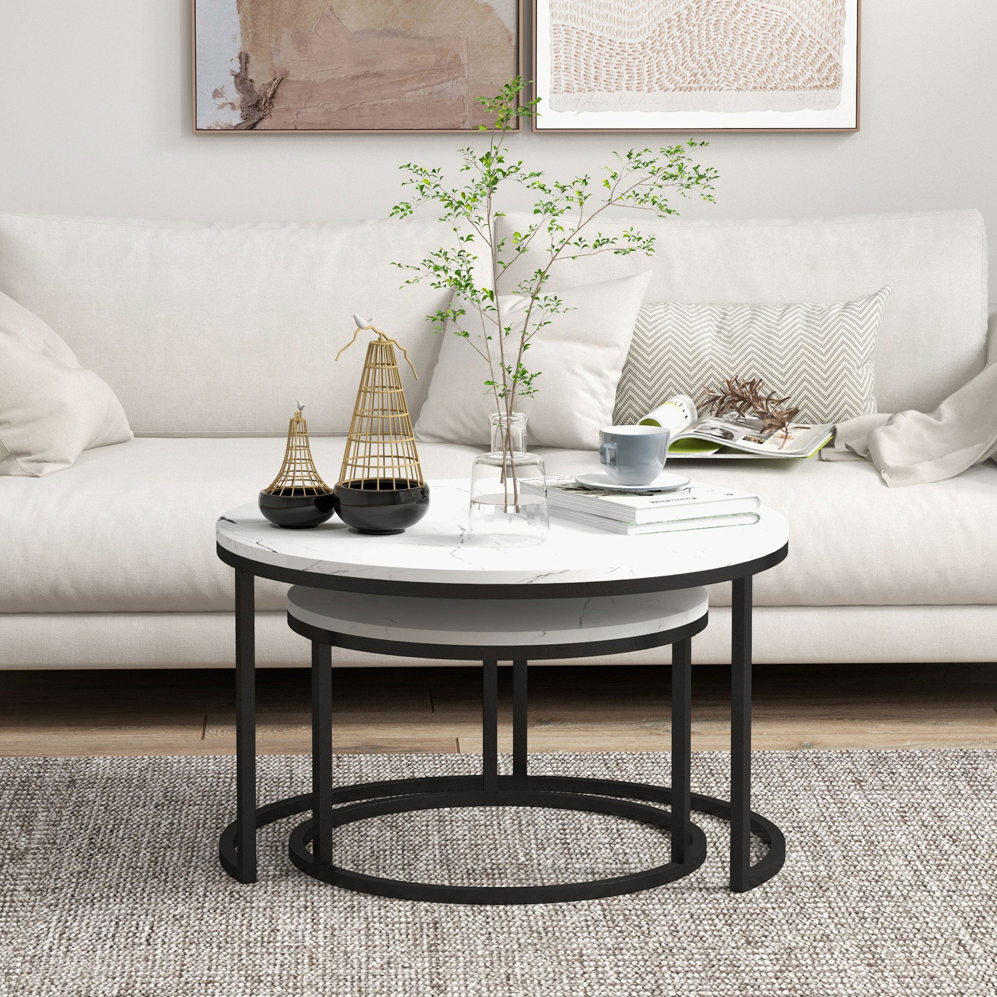 HOMCOM Modern Coffee Table Set of 2, Nesting Side Tables w/ Metal Base for Living Room Bedroom Office Faux Marbled White