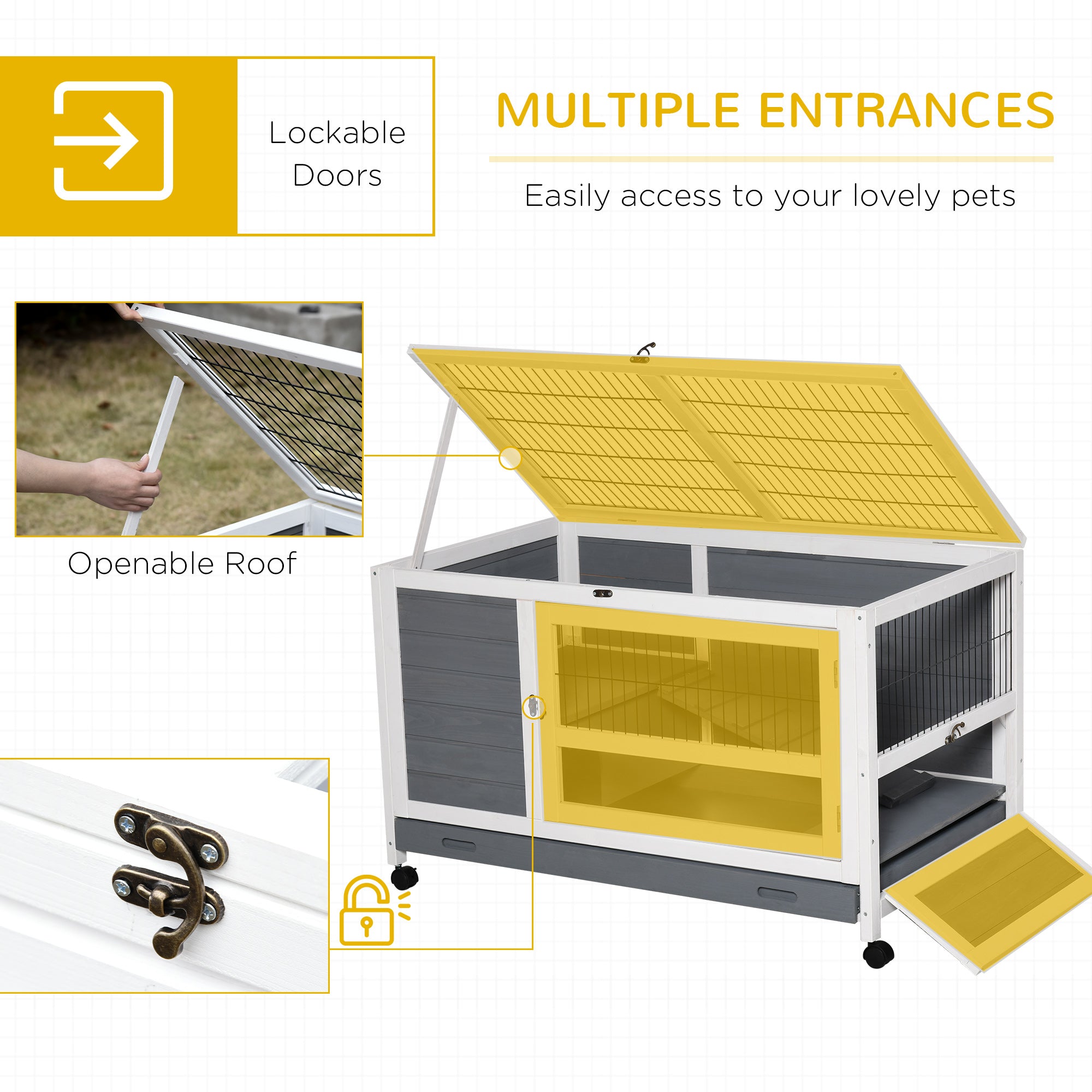 PawHut Wooden Rabbit Hutch Pet House Elevated Bunny Cage Small Animal Habitat with Slide-out Tray Lockable Door Openable Top for Indoor 40.25" x 23.5" x 25" Grey