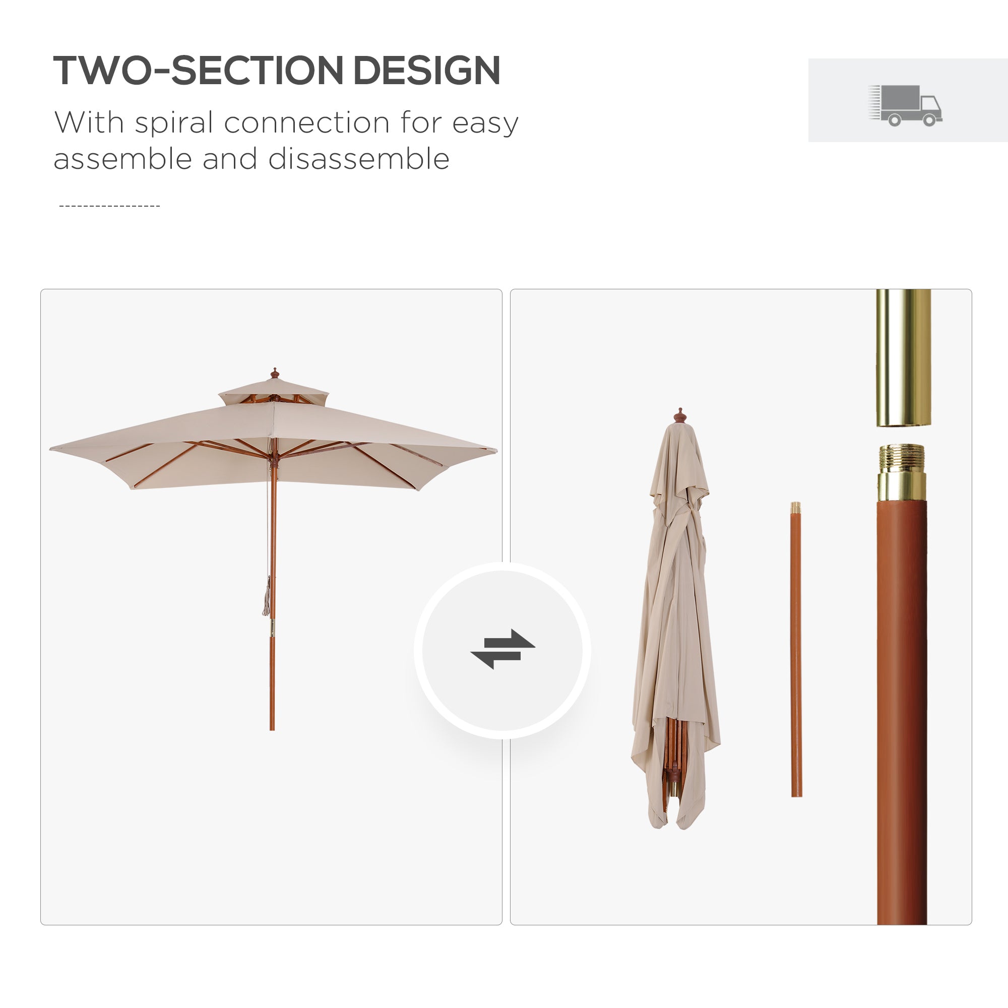 Outsunny 10x10ft Wood Square Patio Umbrella Garden Market Parasol Sunshade Canopy with 2 Pulley Pagoda Style, Khaki