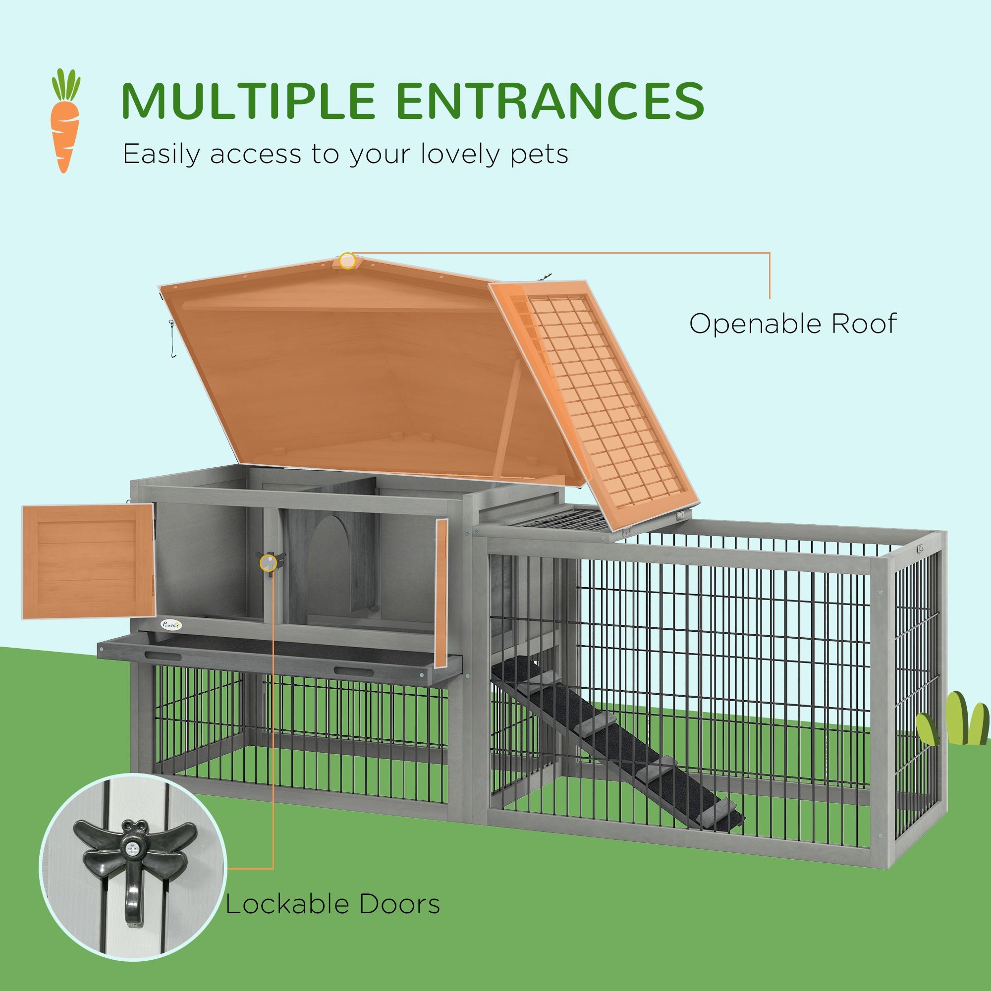 PawHut Wood Rabbit Hutch w/ Ramp, Openable Roof, Pull-out Tray, Light Grey