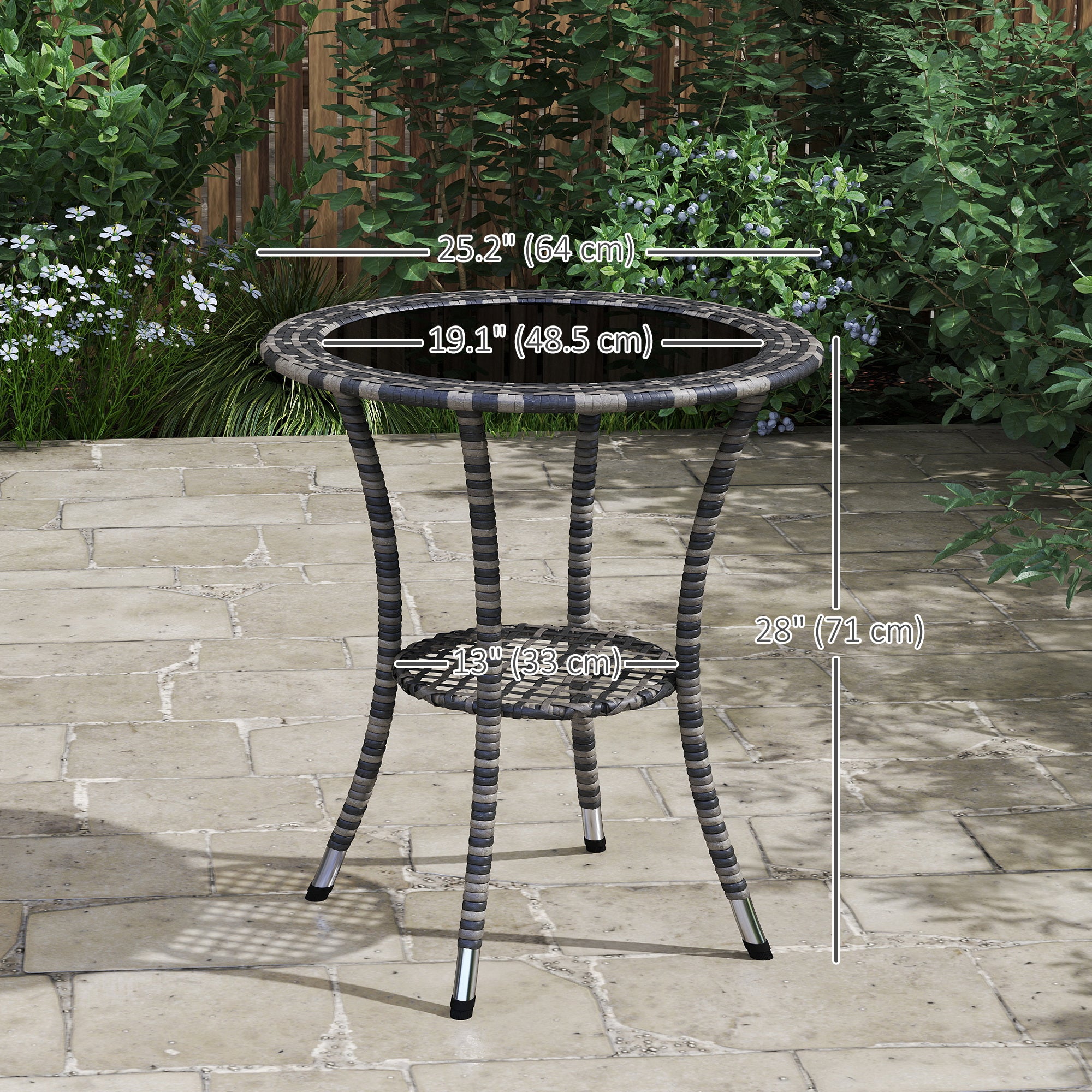 Outsunny Outdoor Rattan Dining Table, Patio Wicker Round Coffee Table with 2-Tier Storage Shelf, Mixed Grey