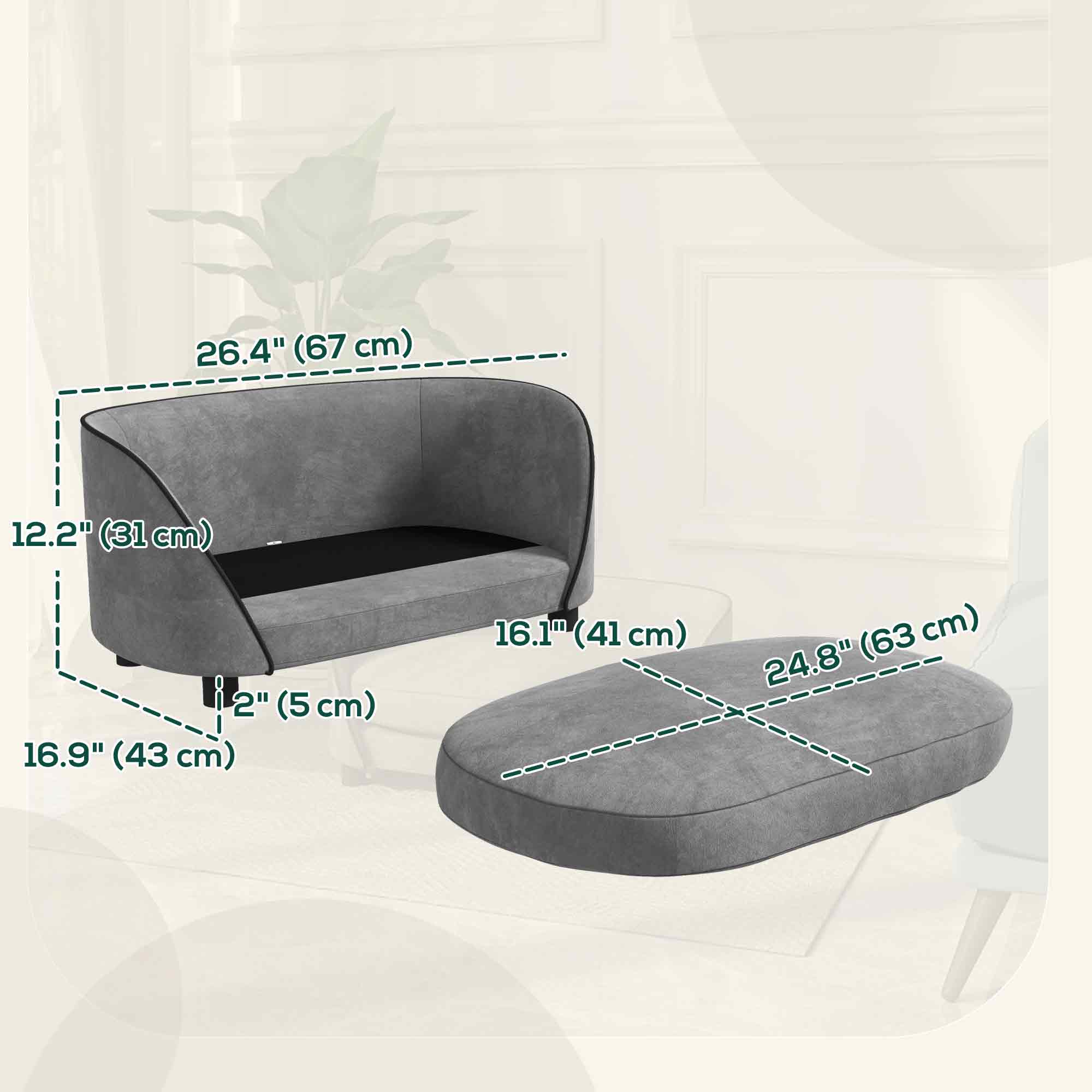 PawHut Pet Sofa Dog Couch for Small to Medium Sized Dogs with Soft Cushion, Removable Washable Cover, Velvet Touch, Grey