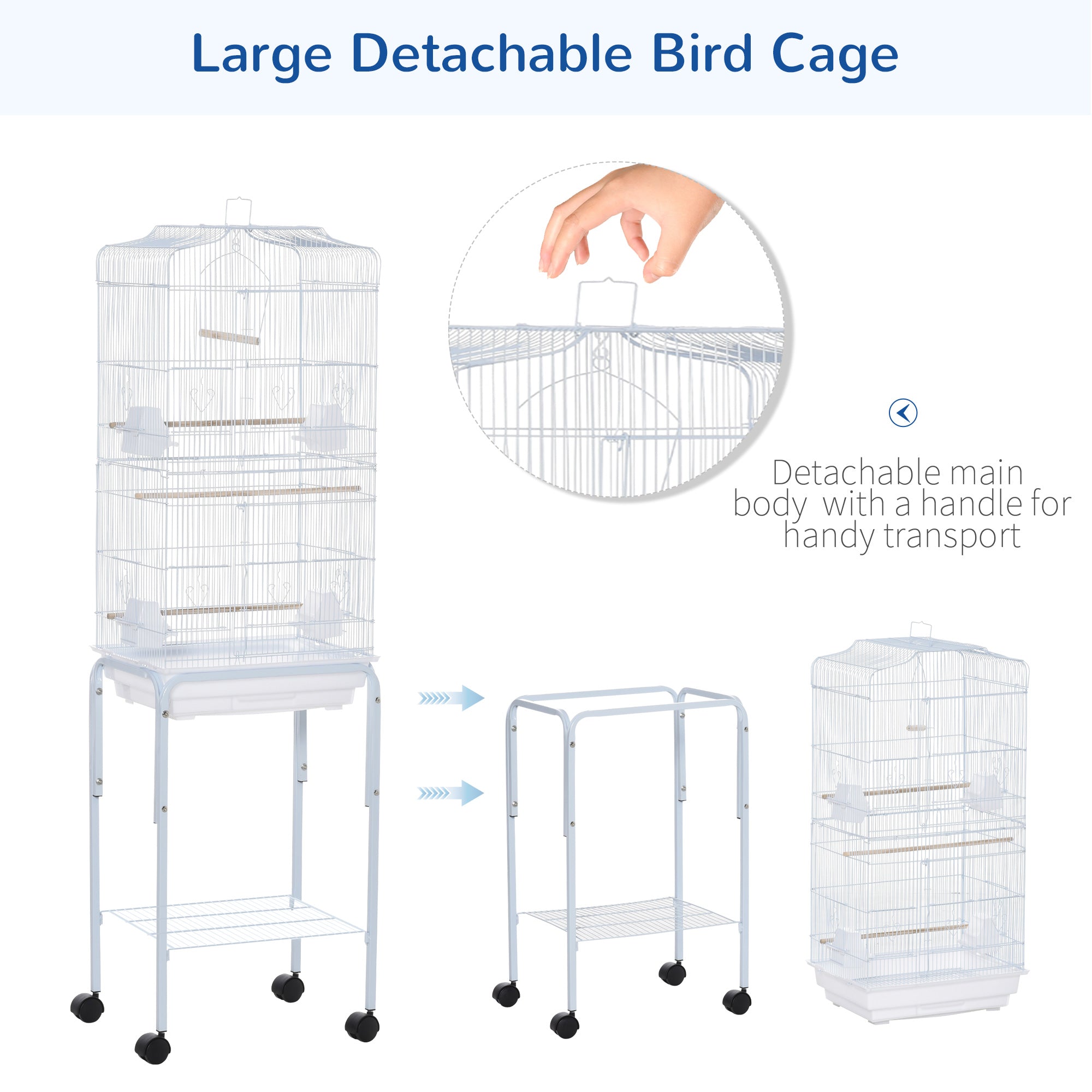 PawHut 62" Rolling Bird Cage Cockatoo House Play Top Finch Pet Supply with Storage Shelf, Wheels - White