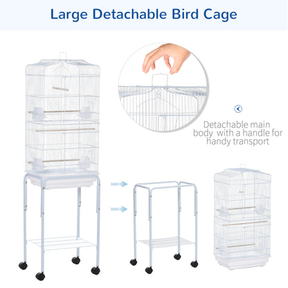 PawHut 62" Rolling Bird Cage Cockatoo House Play Top Finch Pet Supply with Storage Shelf, Wheels - White