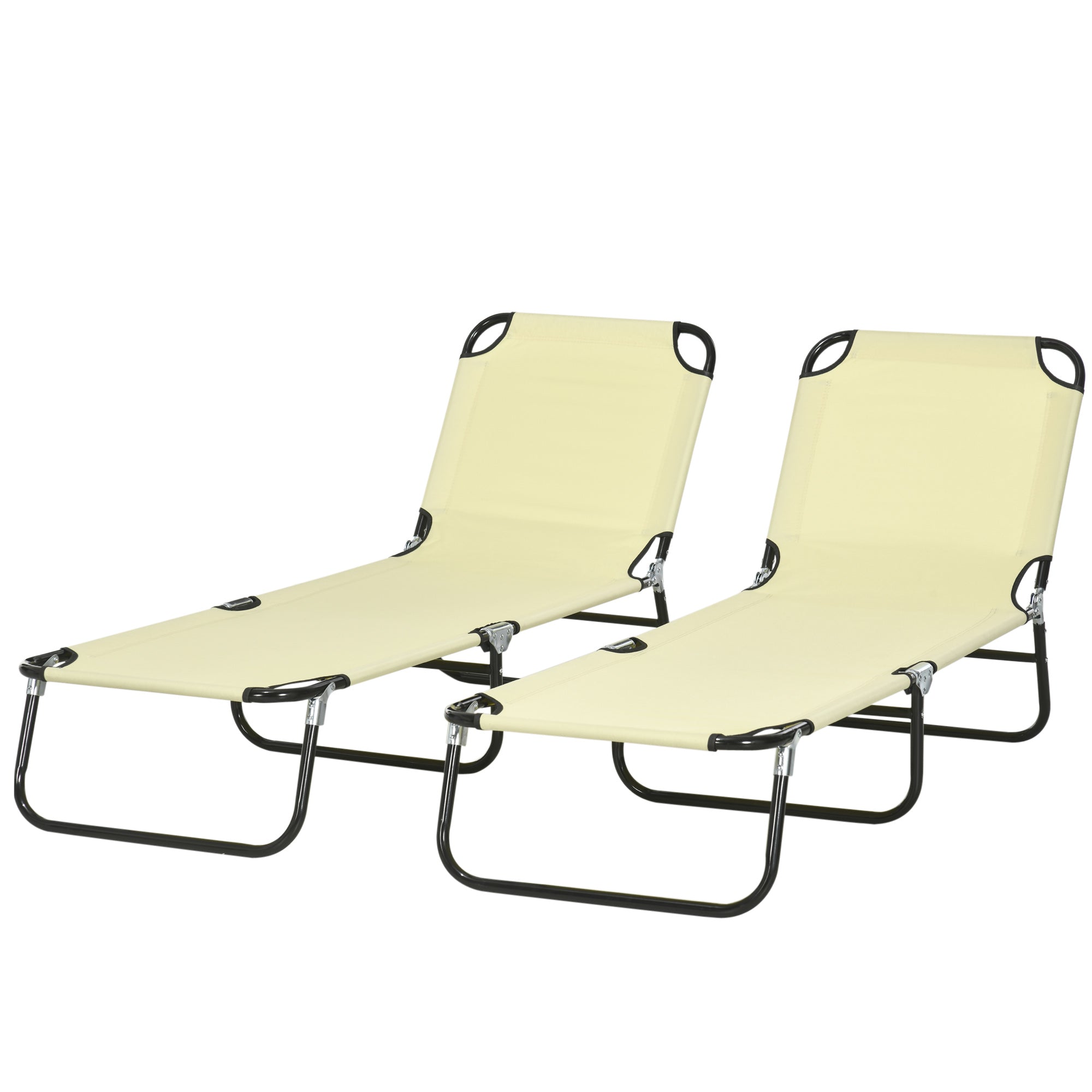 Outsunny Set of 2 Folding Outdoor Lounge Chair, Sun Tanning Chairs with Reclining Back, Breathable Mesh for Beach Patio, Beige